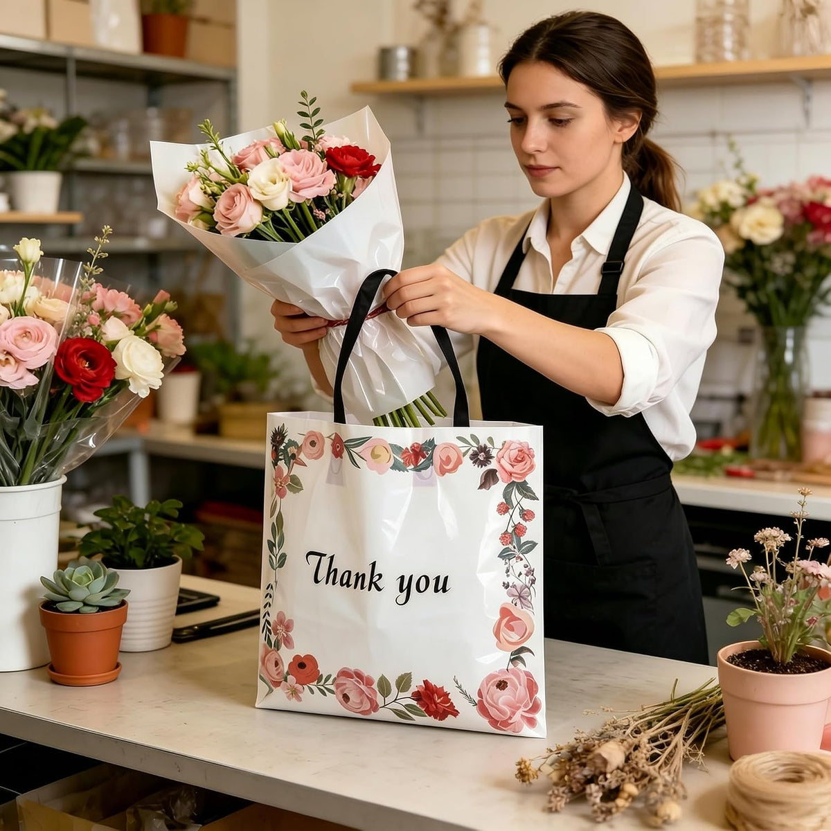 60 Pack Thank You Bag, Plastic Shopping Bag with Handles, 14'' x 12'' Spring Flowers Reusable Merchandise Bags, Gift