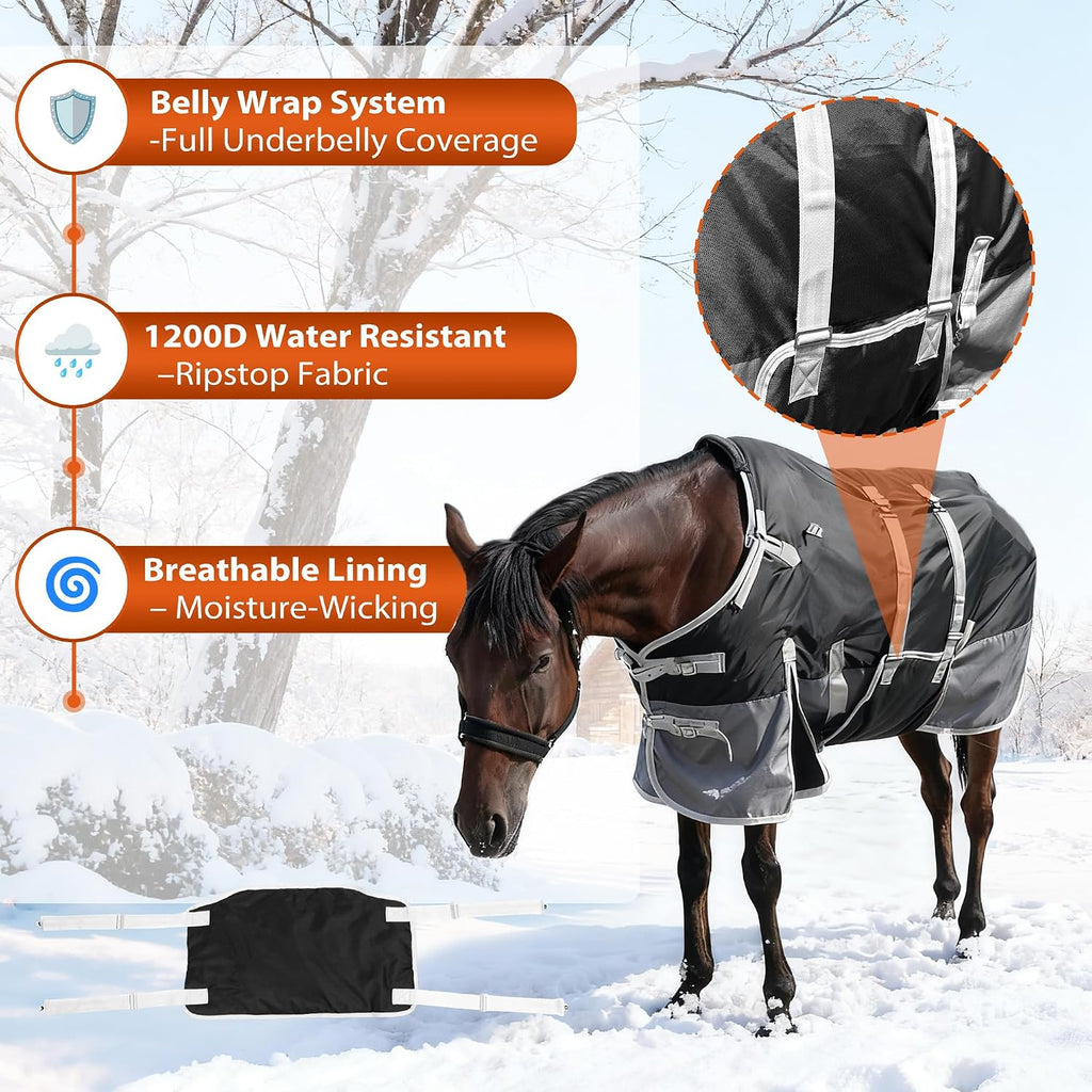 1200D Turnout Horse Blanket with Belly Wrap, Black/Gray, 72IN