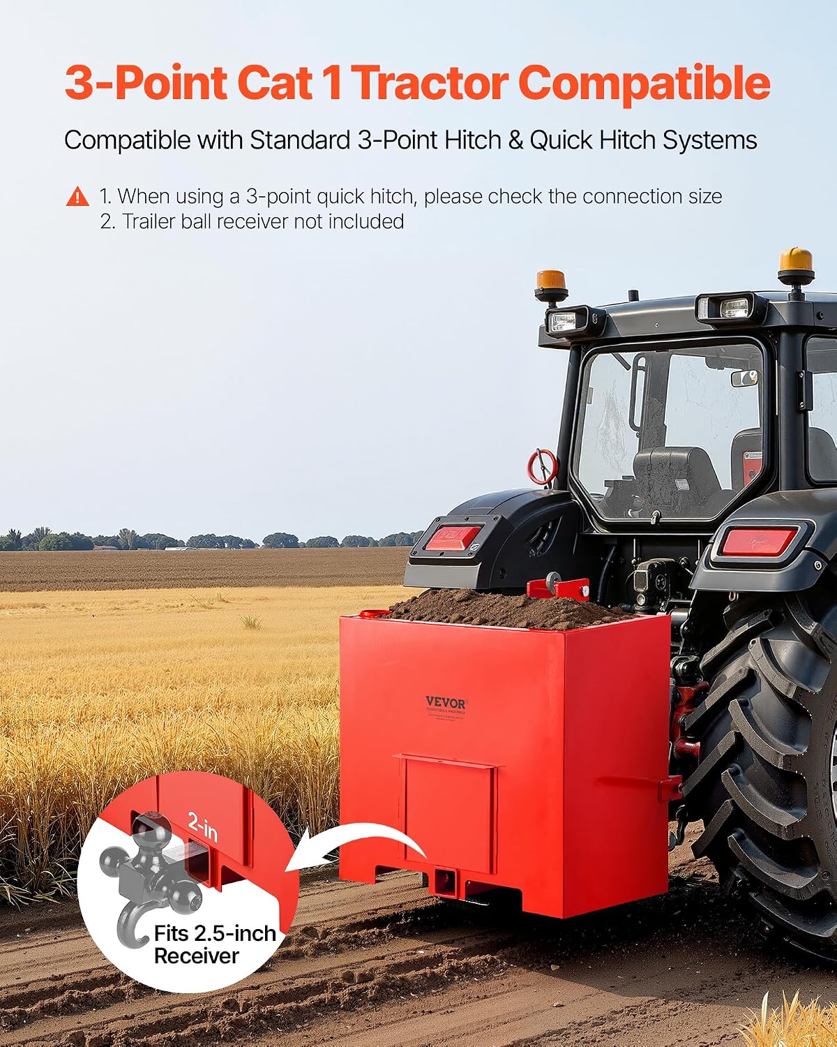 Ballast Box, 3-Point Category 1 Tractor Ballast of 800 lbs Capacity, with Standard 2 Inch Hitch Receiver, Heavy-Duty