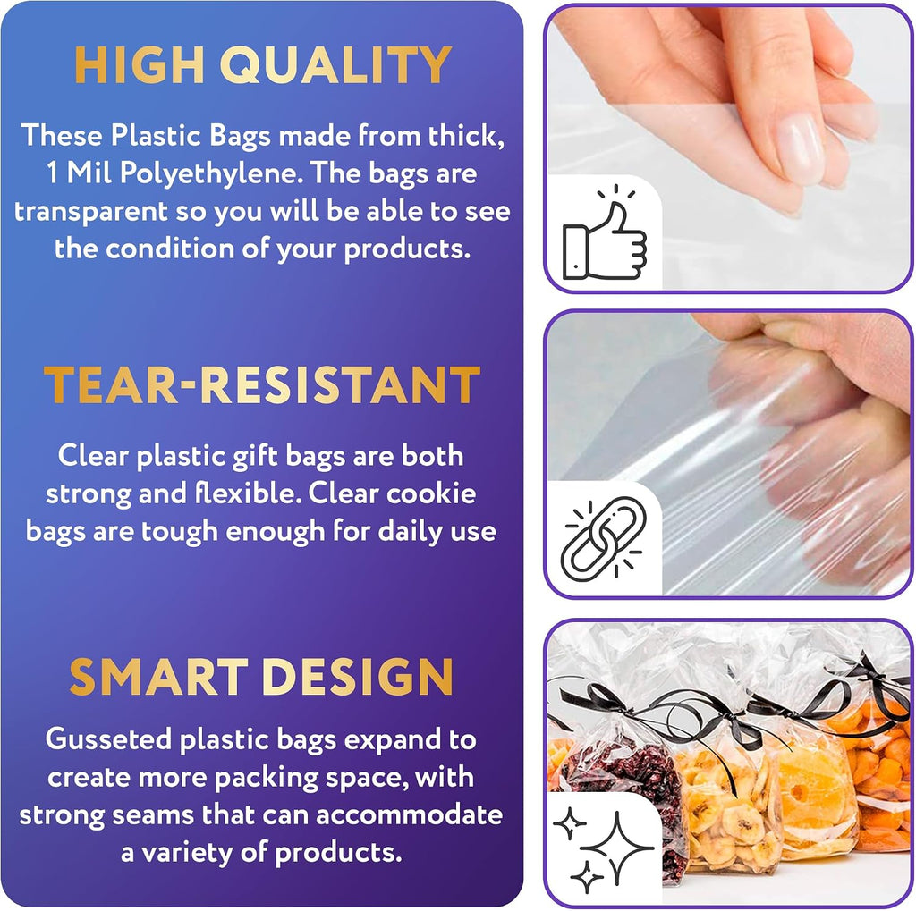 APQ Clear Gusseted Poly Bags, 10 x 8 x 24 Inch. Pack of 1000 Gusseted Plastic Bags 1 Mil Thick for Favors with Open
