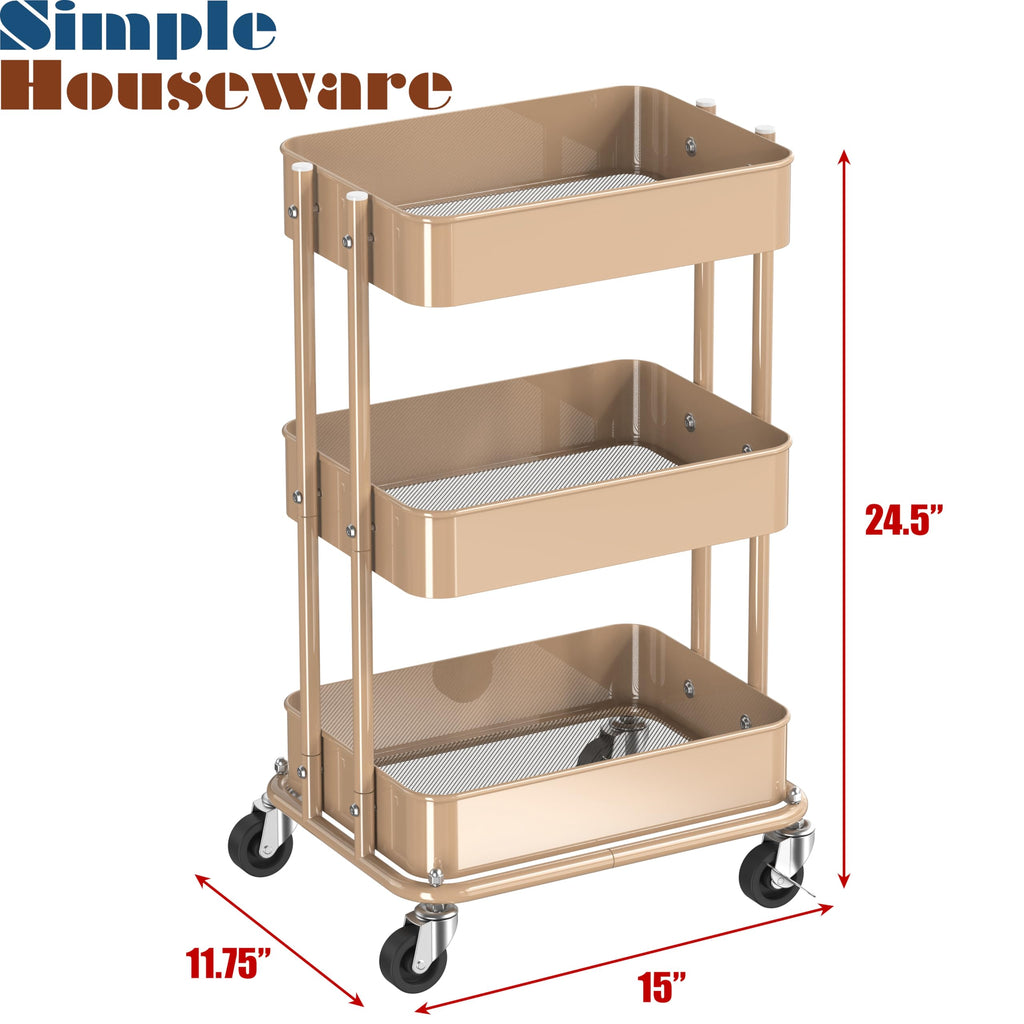 3-Tier Utility Cart, Low 24" Height Fits Under Desk, Khaki