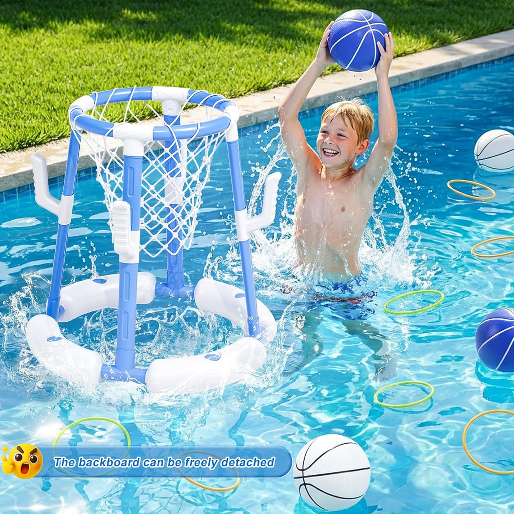 2 in 1 Pool Basketball Hoop with Backboard & Ring Toss Game,Floating Pool Toys with 4 Balls 8 Rings&Pump Summer Water