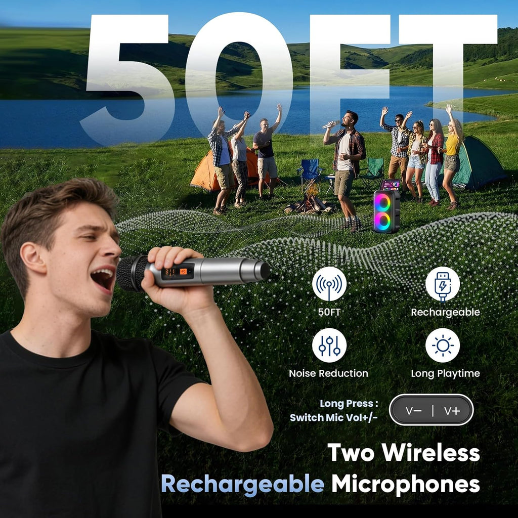 Karaoke Machine for Adults Kids, Portable Bluetooth Speaker with 2 Wireless Microphones, TWS Mode & LED Light, 10H