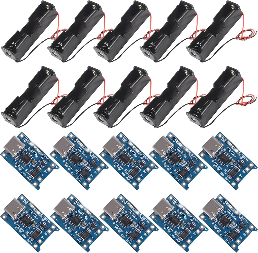10pcs TP4056 Type-C USB 5V 1A 18650 Lithium Battery Charger Module with Dual Protection Function + 10pcs 18650 Battery Holder