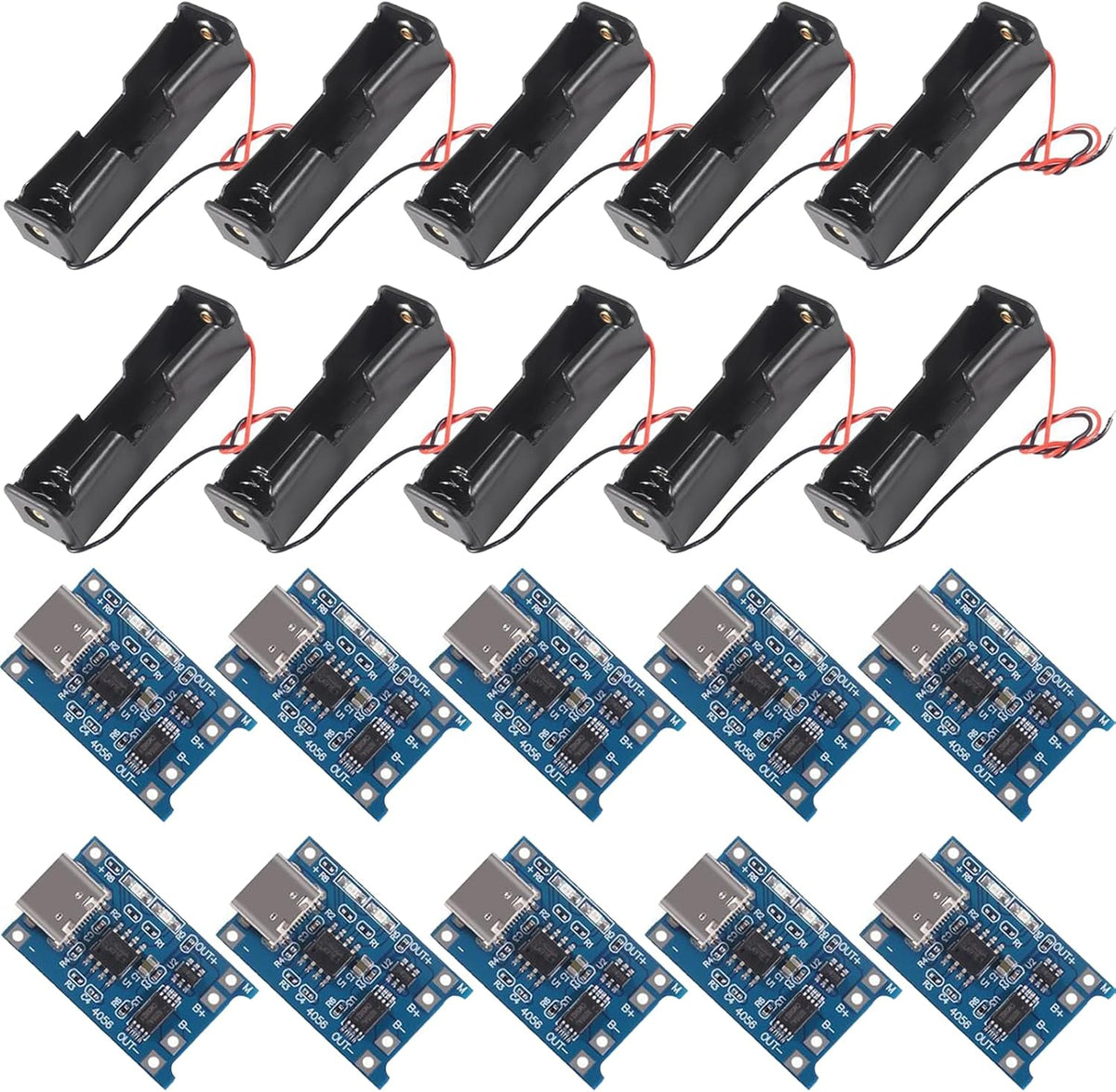 10pcs TP4056 Type-C USB 5V 1A 18650 Lithium Battery Charger Module with Dual Protection Function + 10pcs 18650 Battery Holder