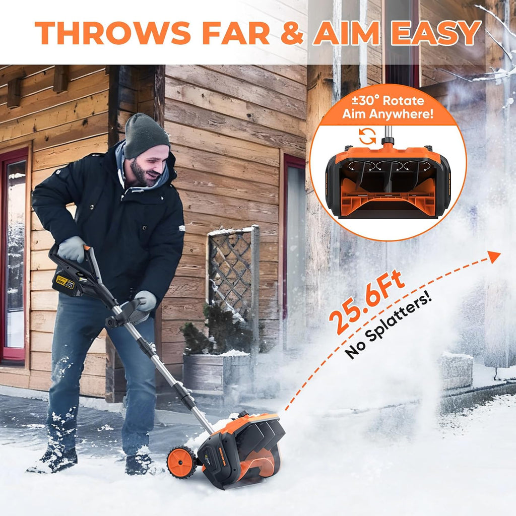 Cordless Snow Shovel, 3500W Battery Snow Blower with Dual 6.0Ah Anti-Freeze Batteries & Base Plate, 25.6Ft Throw