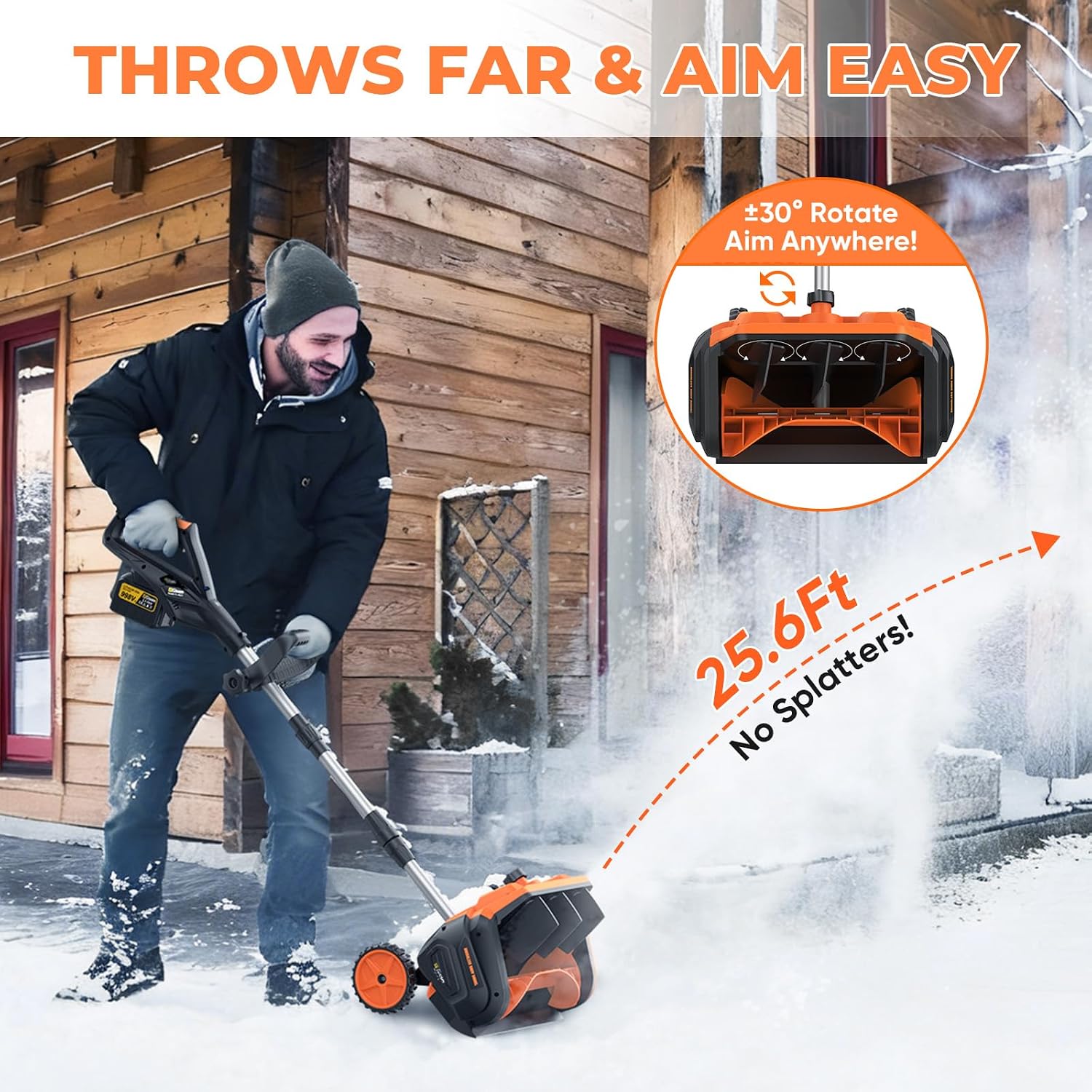 Cordless Snow Shovel, 3500W Battery Snow Blower with Dual 6.0Ah Anti-Freeze Batteries & Base Plate, 25.6Ft Throw