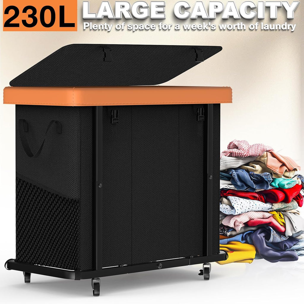 Laundry Basket with Wheels, 230L Leather Patchwork Laundry Sorter 3 Section | Sturdy Metal Frame, Removable Washable