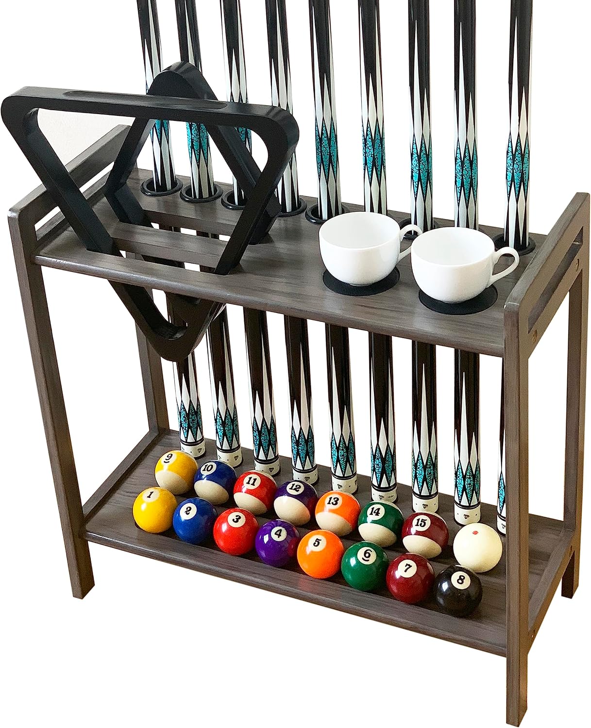 Pool Stick Holder Floor Stand Holds 9 Cues & Pool Table Accessories. Wooden 2-Tier Cue Stick Storage with Ball Rack