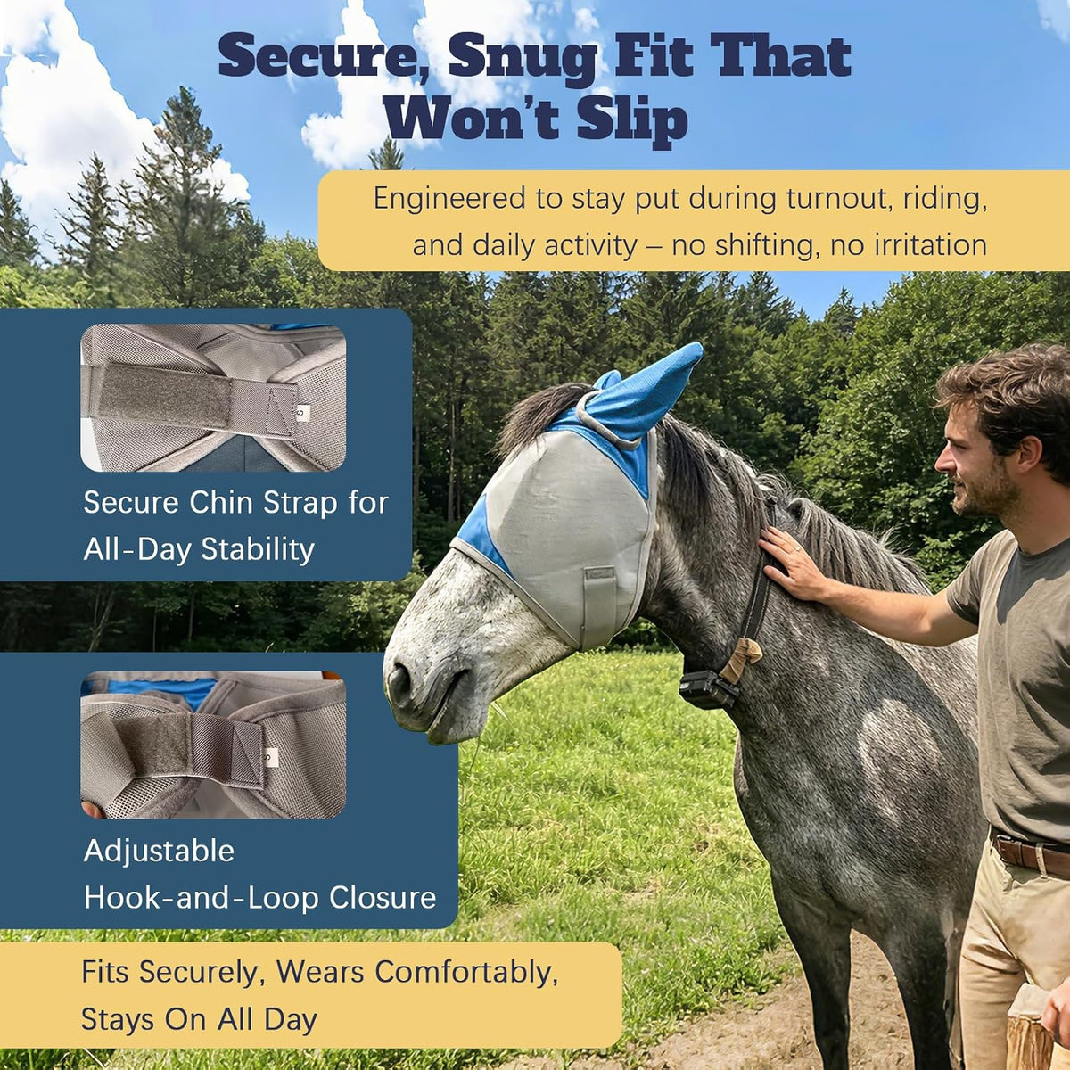 Horse Fly Mask with Ears, Breathable UV Protection Mesh, Large Eye Space No Rubbing, Soft Fleece Trim, Adjustable