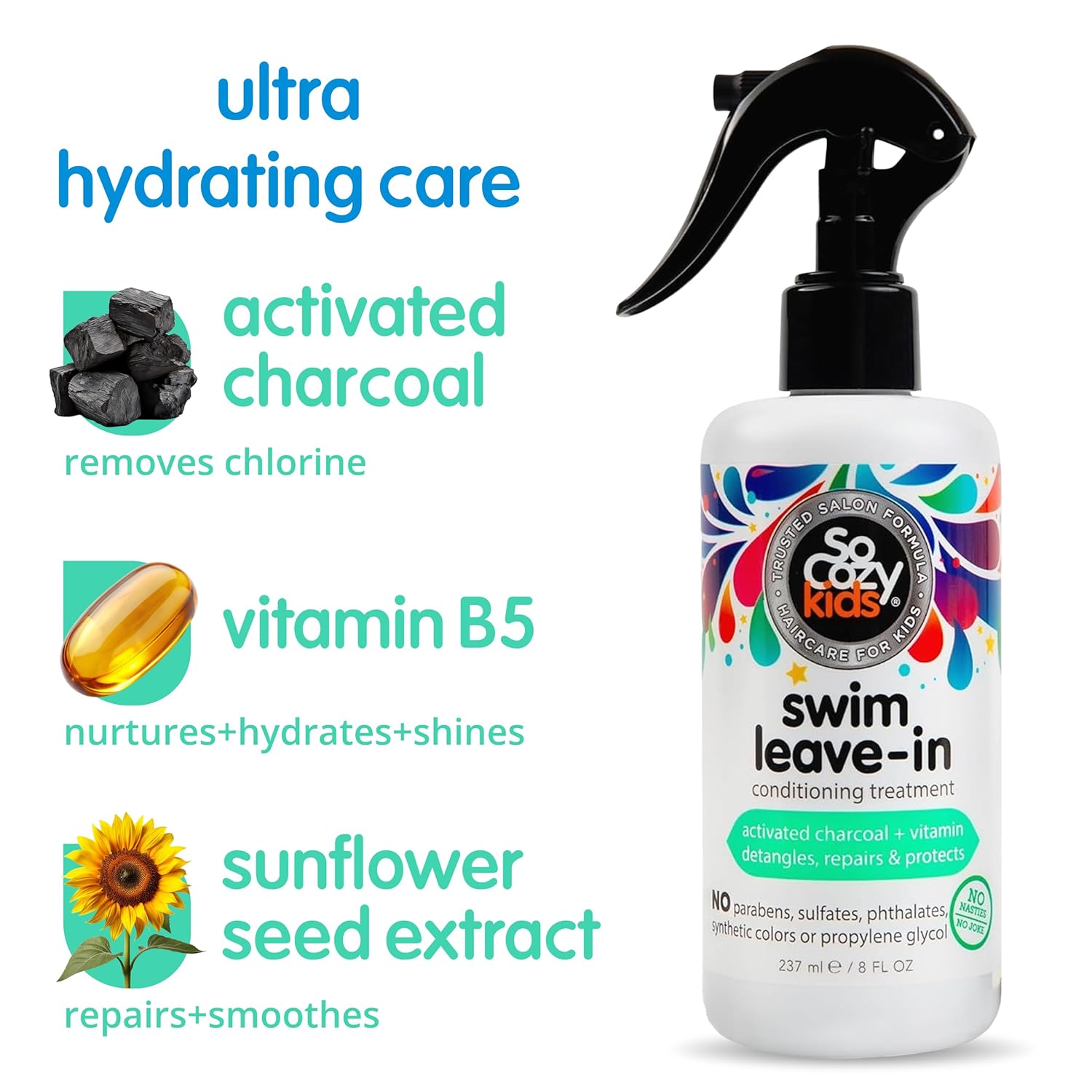 SoCozy Swim Leave In Conditioner Spray & Treatment for Kids Hair (8 Fl Oz) Protects & Repairs Pool, Sun & Salt