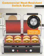 Commercial Panini Press - Electric Sandwich Maker w/ 19"x9" Grooved and Enamel Plates, 3600W Stainless Steel Panini