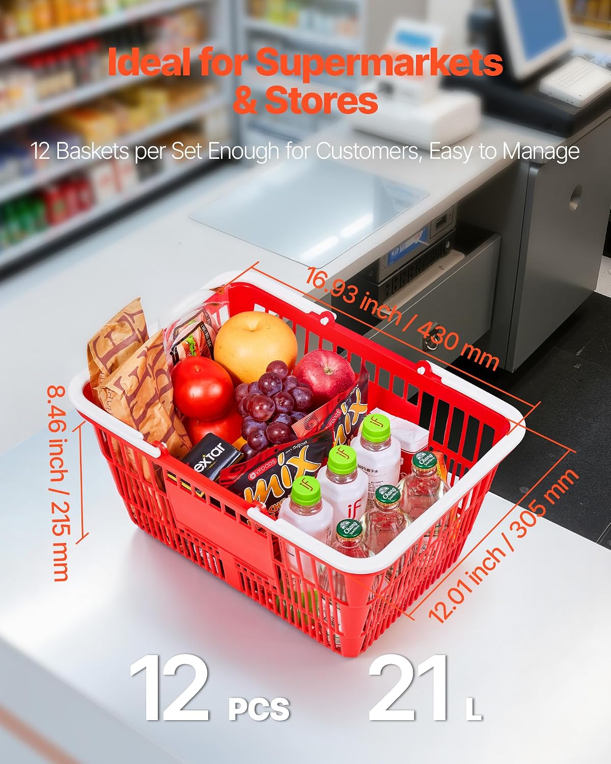 Shopping Baskets, 12 PCS, 21L Stackable PE Plastic Grocery Baskets with Handles, Dense Mesh Structure, Holds up to 20