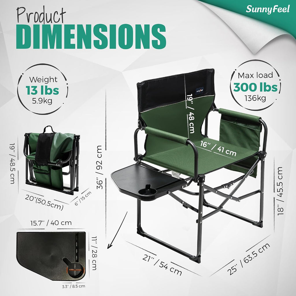 Camping Directors Chair, Heavy Duty,Oversized Portable Folding Chair with Side Table, Pocket for Beach