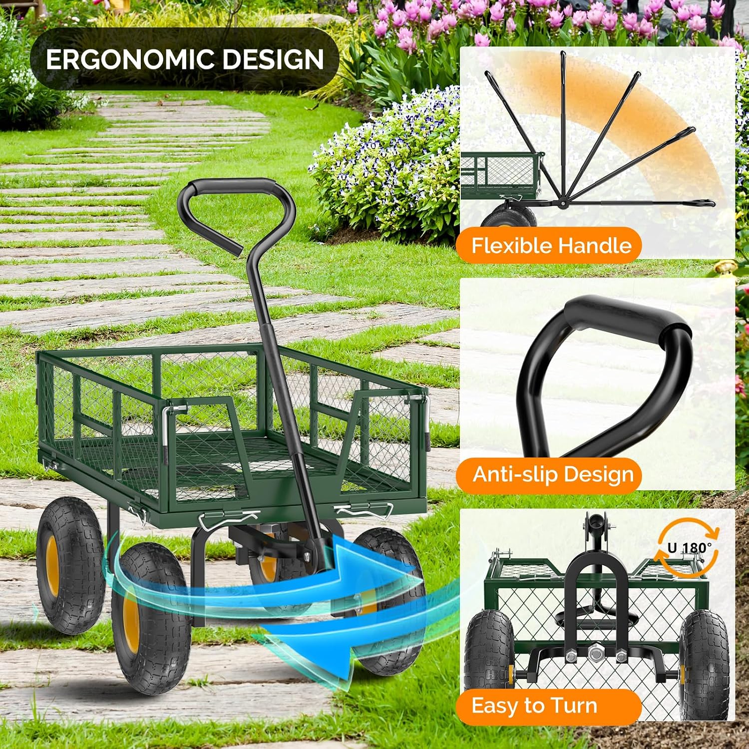 Heavy Duty 800 LBS Mesh Steel Garden Cart, Detachable Utility Wheelbarrow, Yard and Garden Wagon Cart with Removable