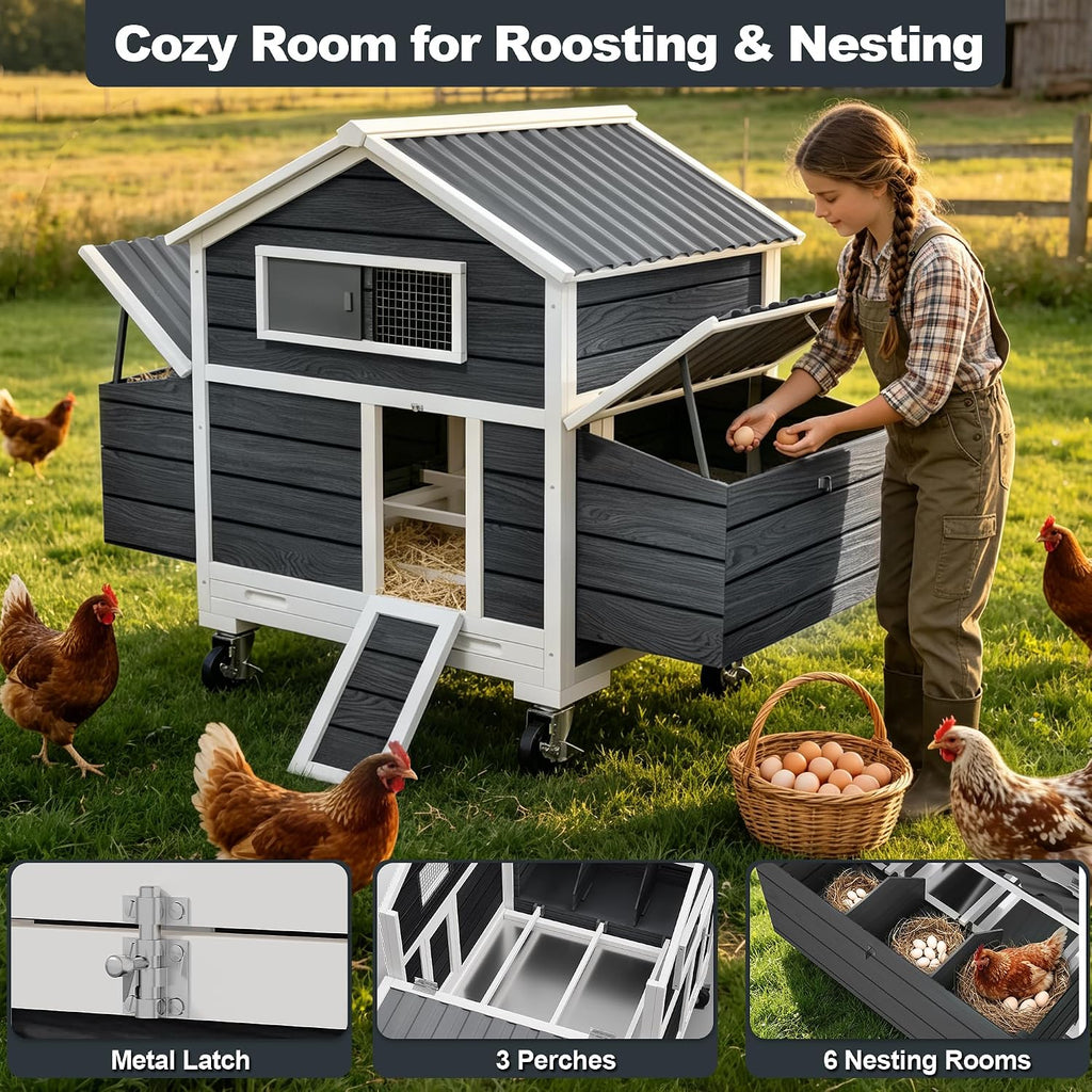 Large Chicken Coop with Wheels, Waterproof Outdoor Hen House for 6-8 Chickens, Movable Chicken House with Nesting
