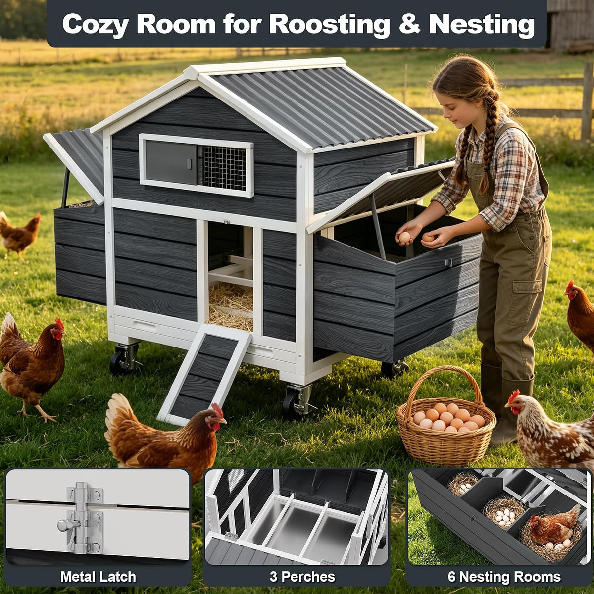 Large Chicken Coop with Wheels, Waterproof Outdoor Hen House for 6-8 Chickens, Movable Chicken House with Nesting