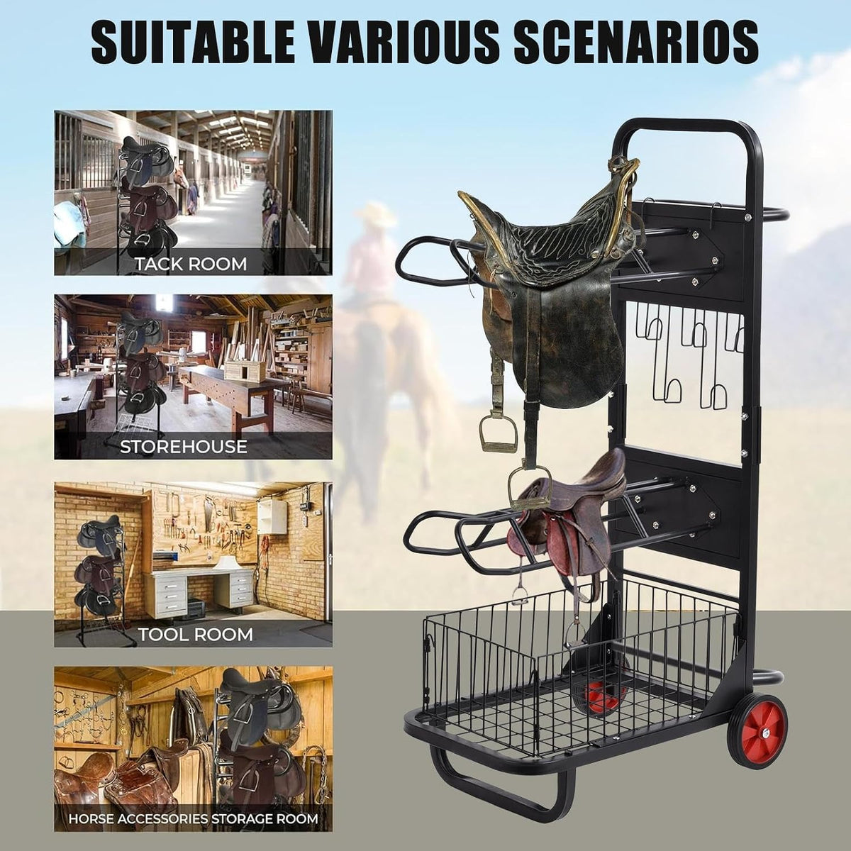 Saddle Rack Cart, Portable Saddle Stand with Wheels, 3 Tier Heavy Duty Horse Equipment Cart with Removable Saddles