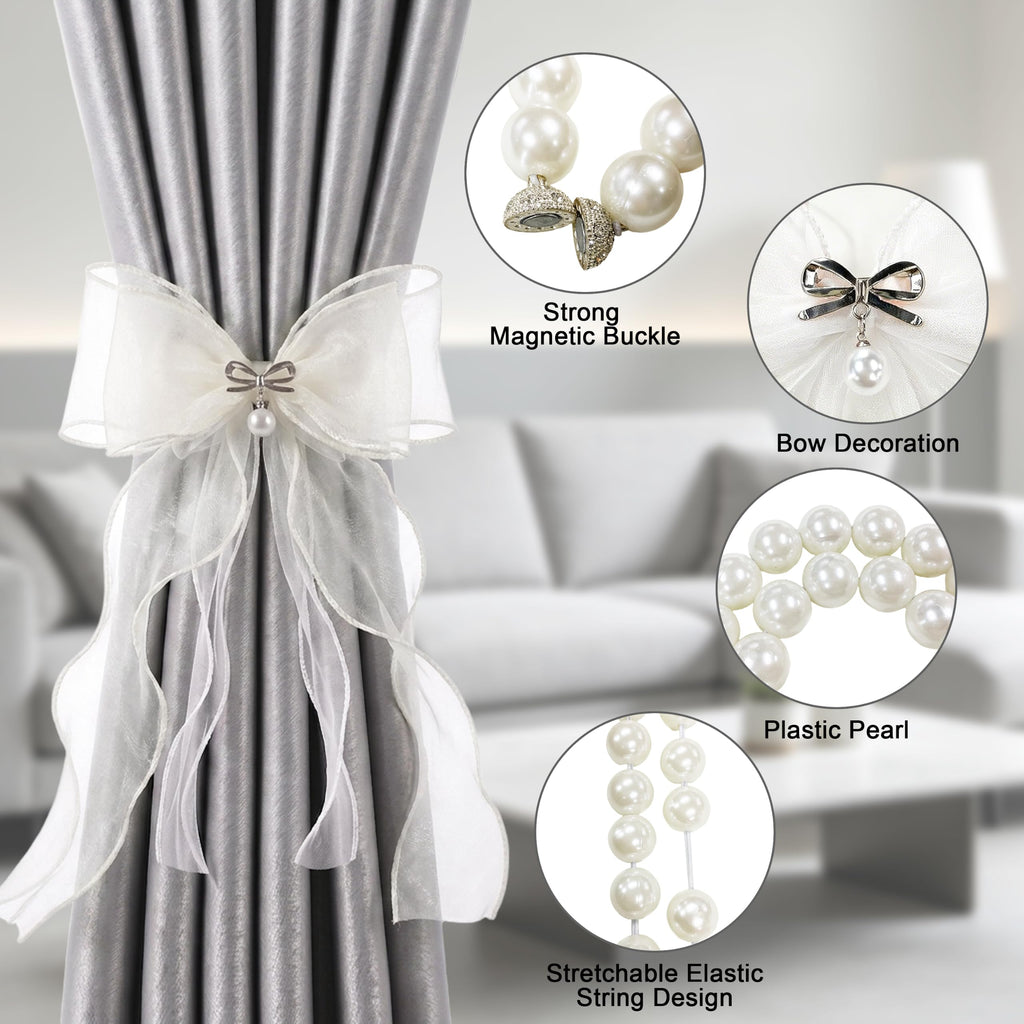 Pearl Bow Magnetic Curtain Tiebacks for Home Decor (2, White)