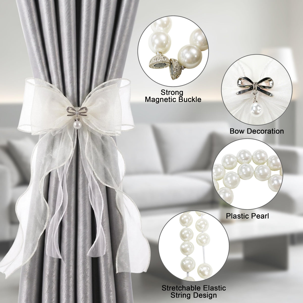 Pearl Bow Magnetic Curtain Tiebacks for Home Decor (2, White)