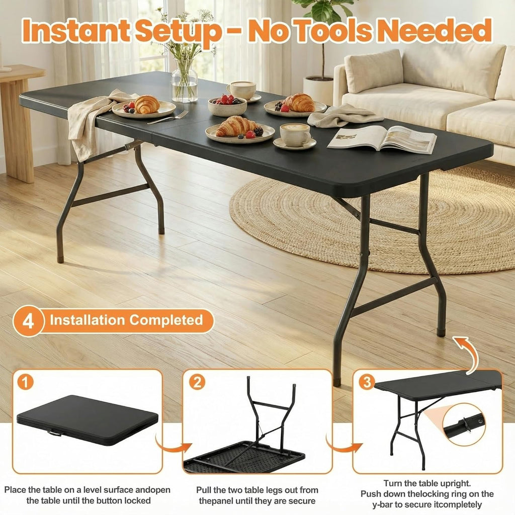 6FT Folding Table Set with 6 Plastic Folding Chairs, Black Heavy Duty Fold-in-Half Utility Table Chairs Sets for