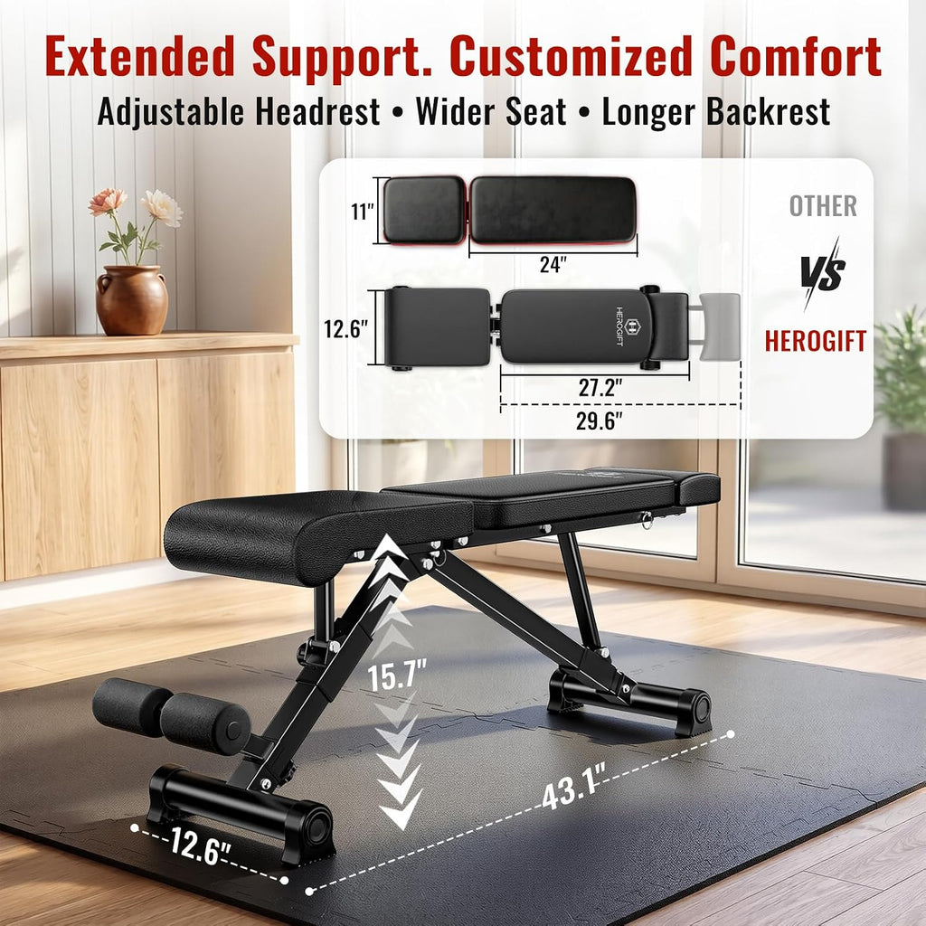 Adjustable Weight Bench, 144 Configurations with 3-Position Headrest, Foldable Workout Bench with Extended Backrest