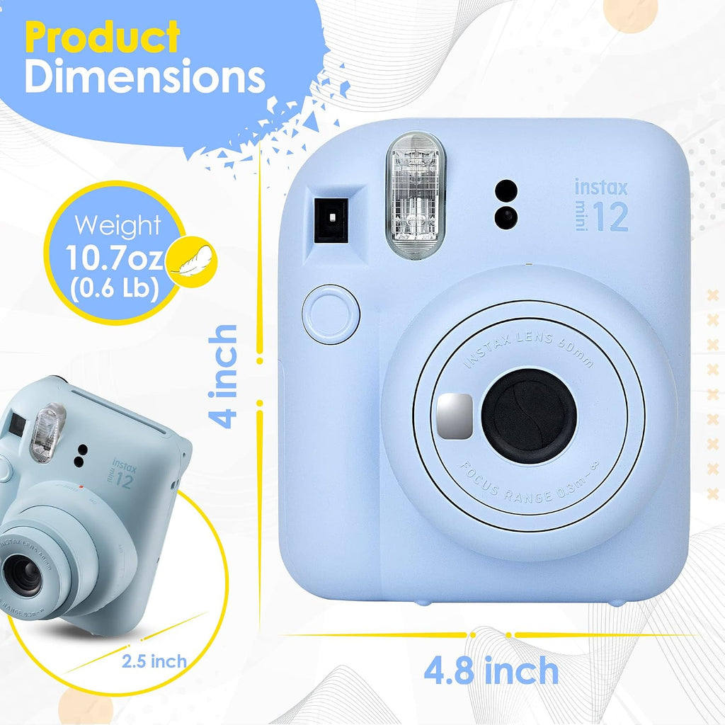Instax Mini 12 Instant Camera Clay White & 60 Fuji Film Sheets | Bundle with Sturdy Tiger Accessories, Carrying Case