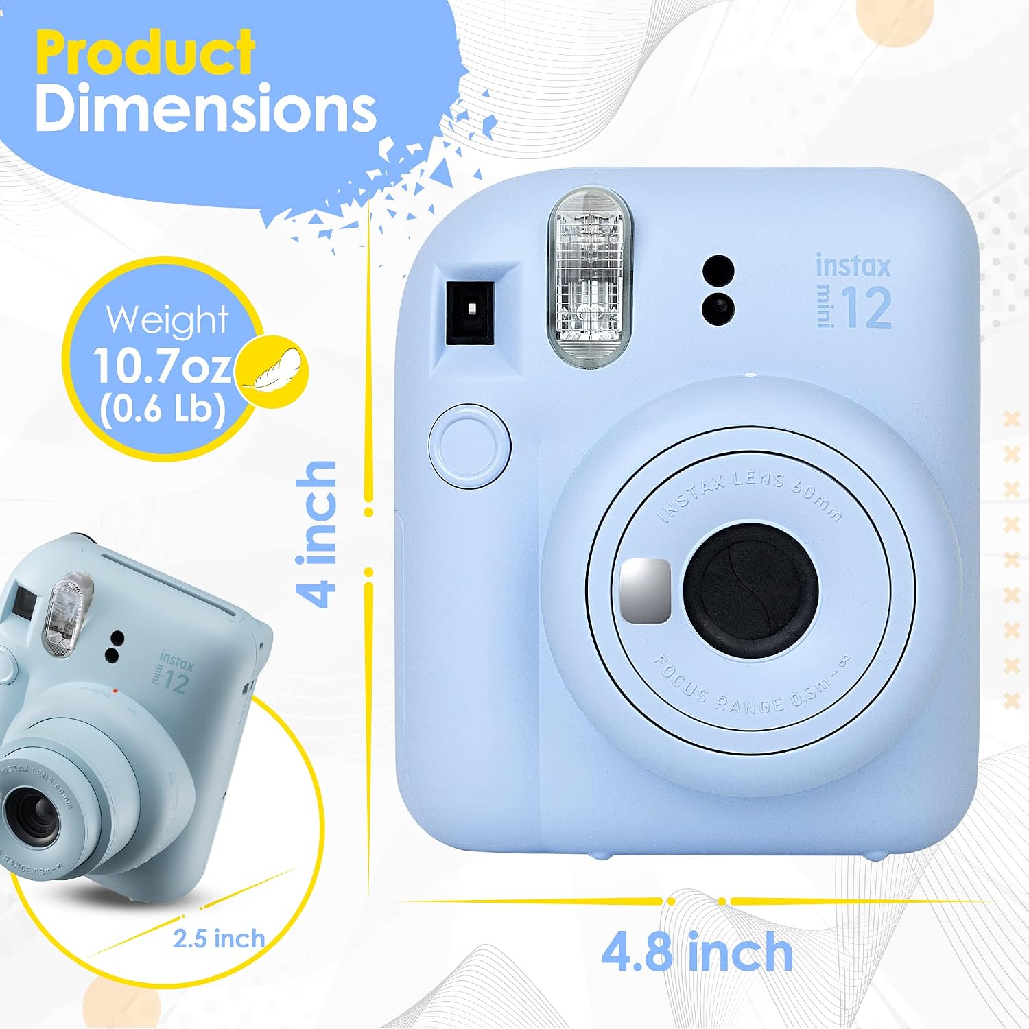 Instax Mini 12 Instant Camera Clay White & 60 Fuji Film Sheets | Bundle with Sturdy Tiger Accessories, Carrying Case