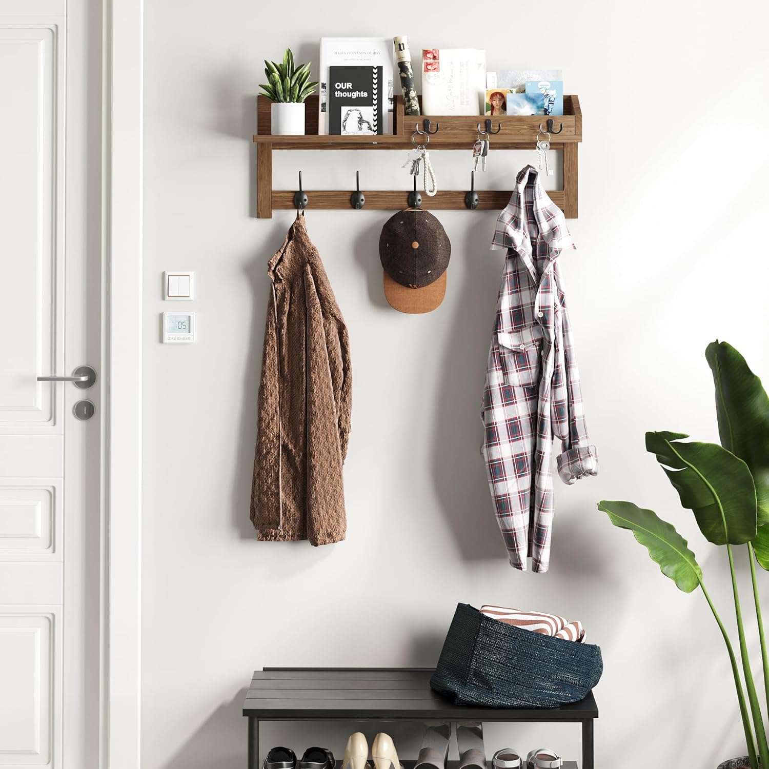 Wall Hooks with Shelf, 26.57 Inch Entryway Wood Coat Hooks for Wall with Shelf, Coat Rack Wall Mount with 5 Dual