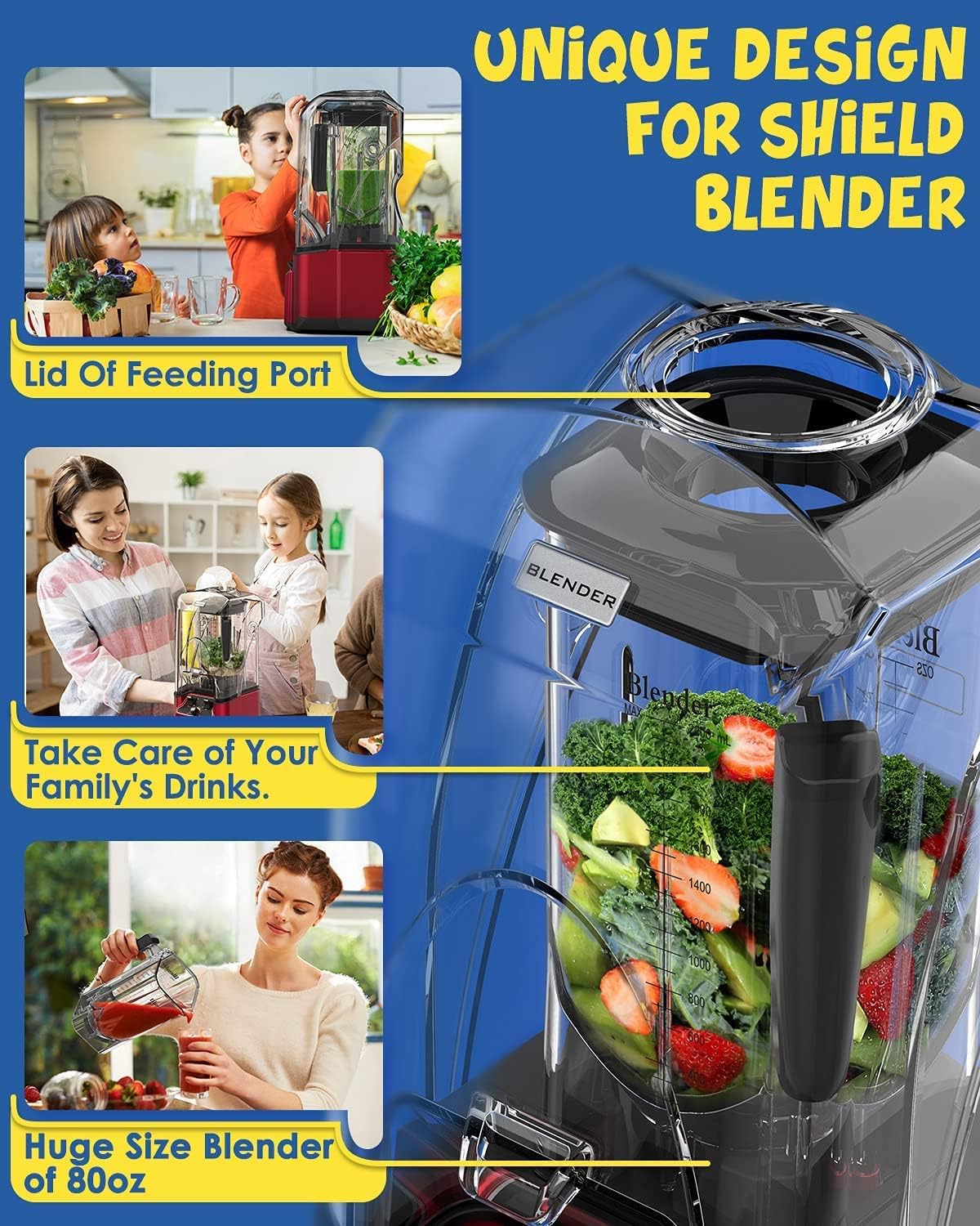 Quiet Commercial Blender with Soundproof Shield, 2200 Watt Professional Blenders for Kitchen with 80oz Pitcher and