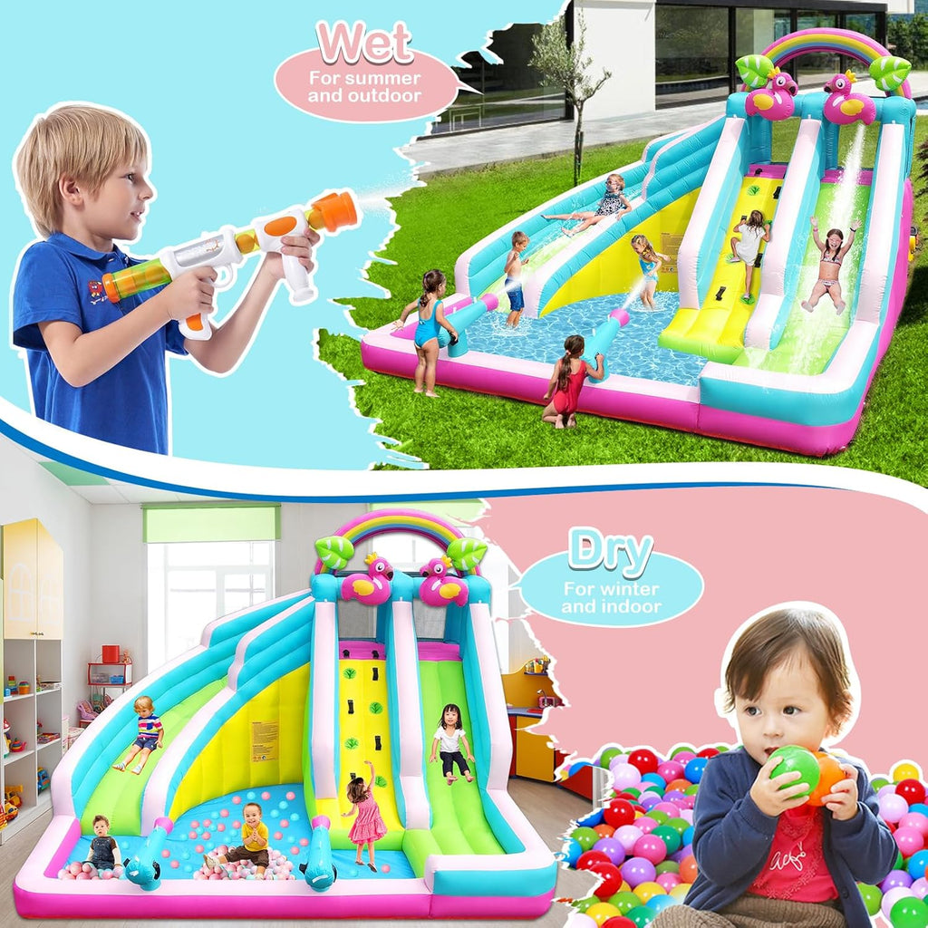 Inflatable Water Slide, 6 in 1 Blow Up Water Park Aged 3-10, Flamingo Style Water Bounce House with Double Long