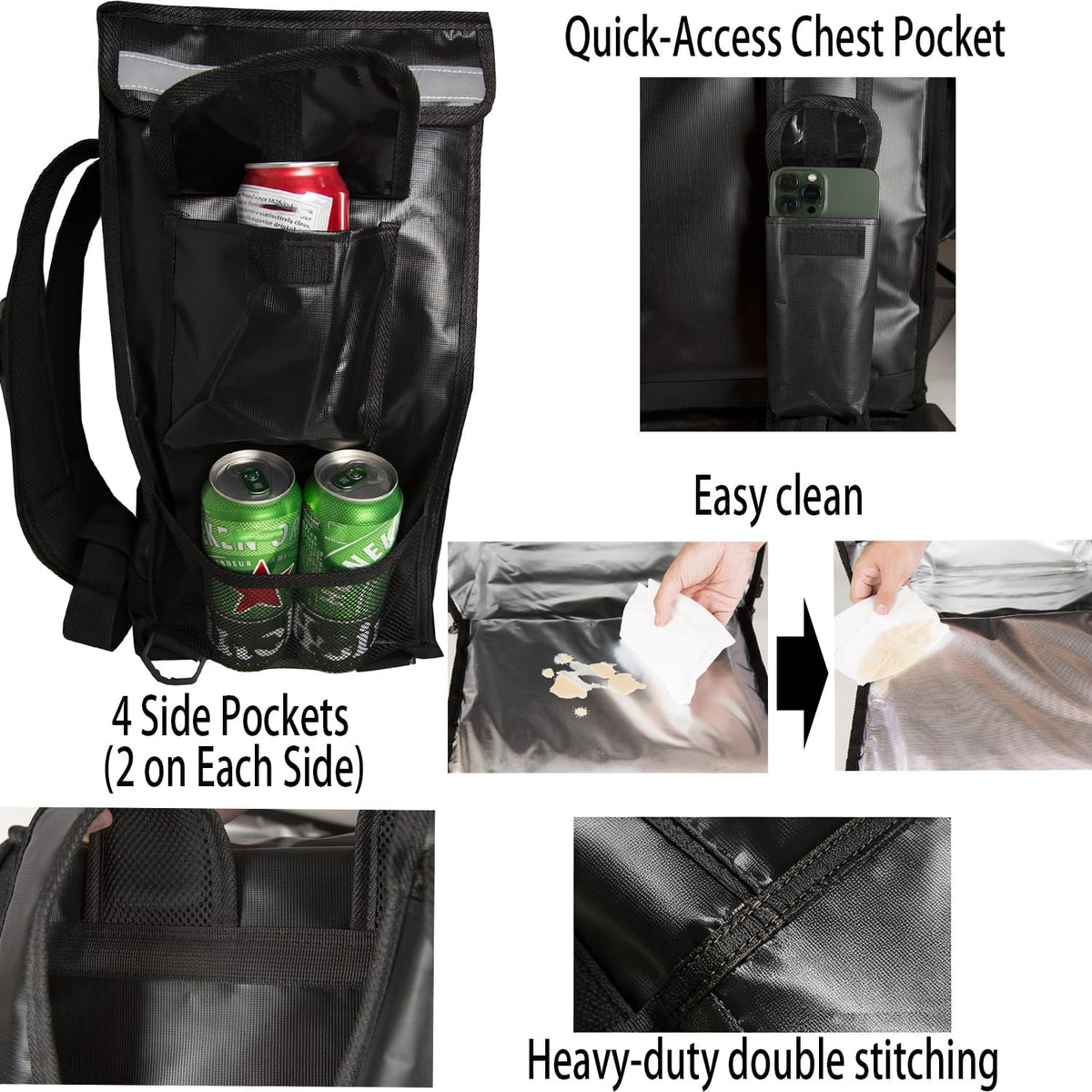 Insulated Food Delivery Backpack with 3 Inner Spaces & 4 Pockets & Reflective Strip, Large Capacity, Leakproof, 4 Cup