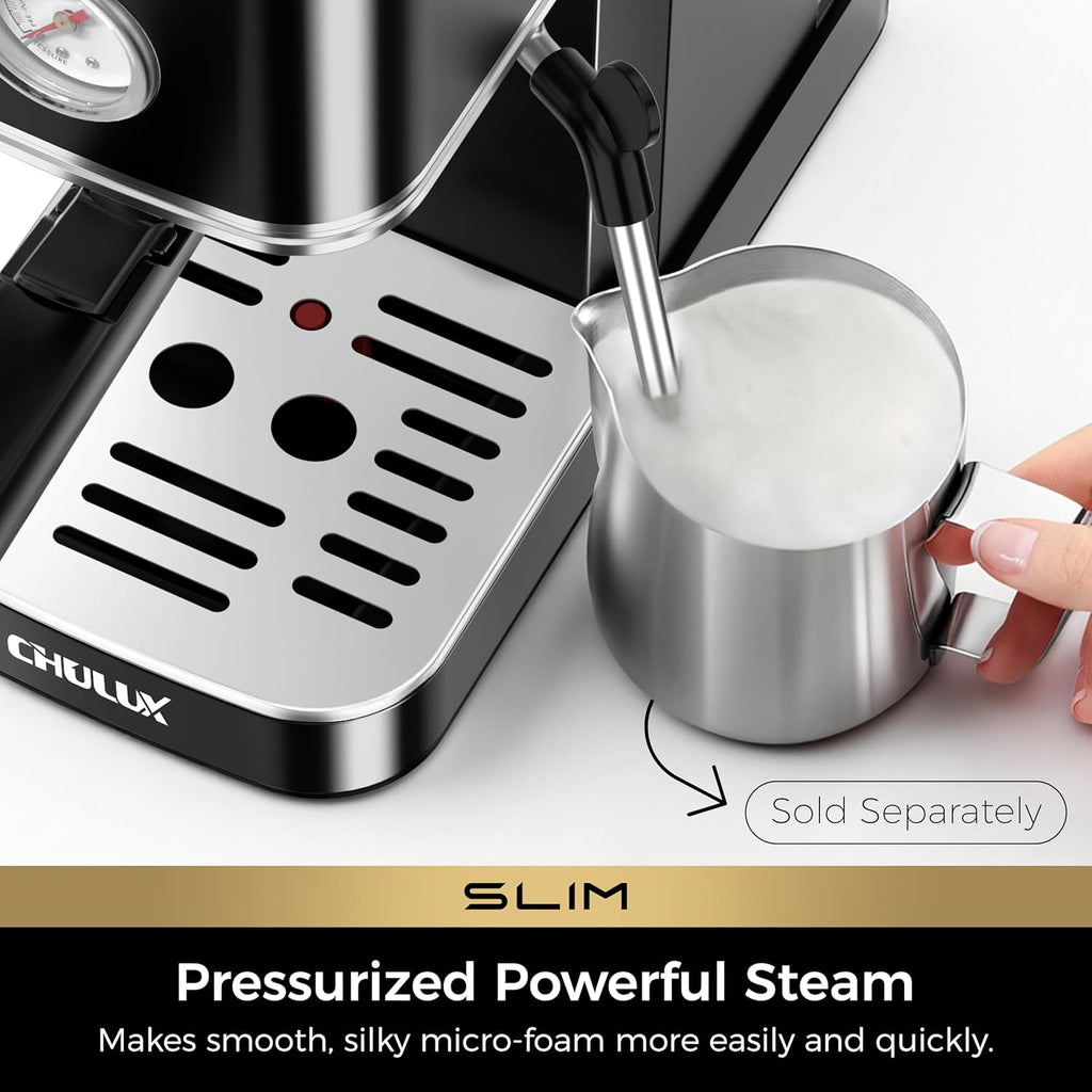 Slim Espresso Machine with Milk Frother for Home Cappuccino, Black | Precise Pressure Gauge, Food-Grade Materials, 20