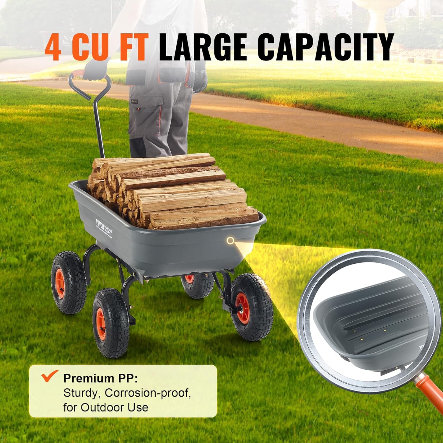 4 Cu.Ft. 600lbs Poly Garden Dump Cart, Heavy Duty 4 Wheel Wheelbarrow Yard Cart Dump Wagon with 10in All Terrain