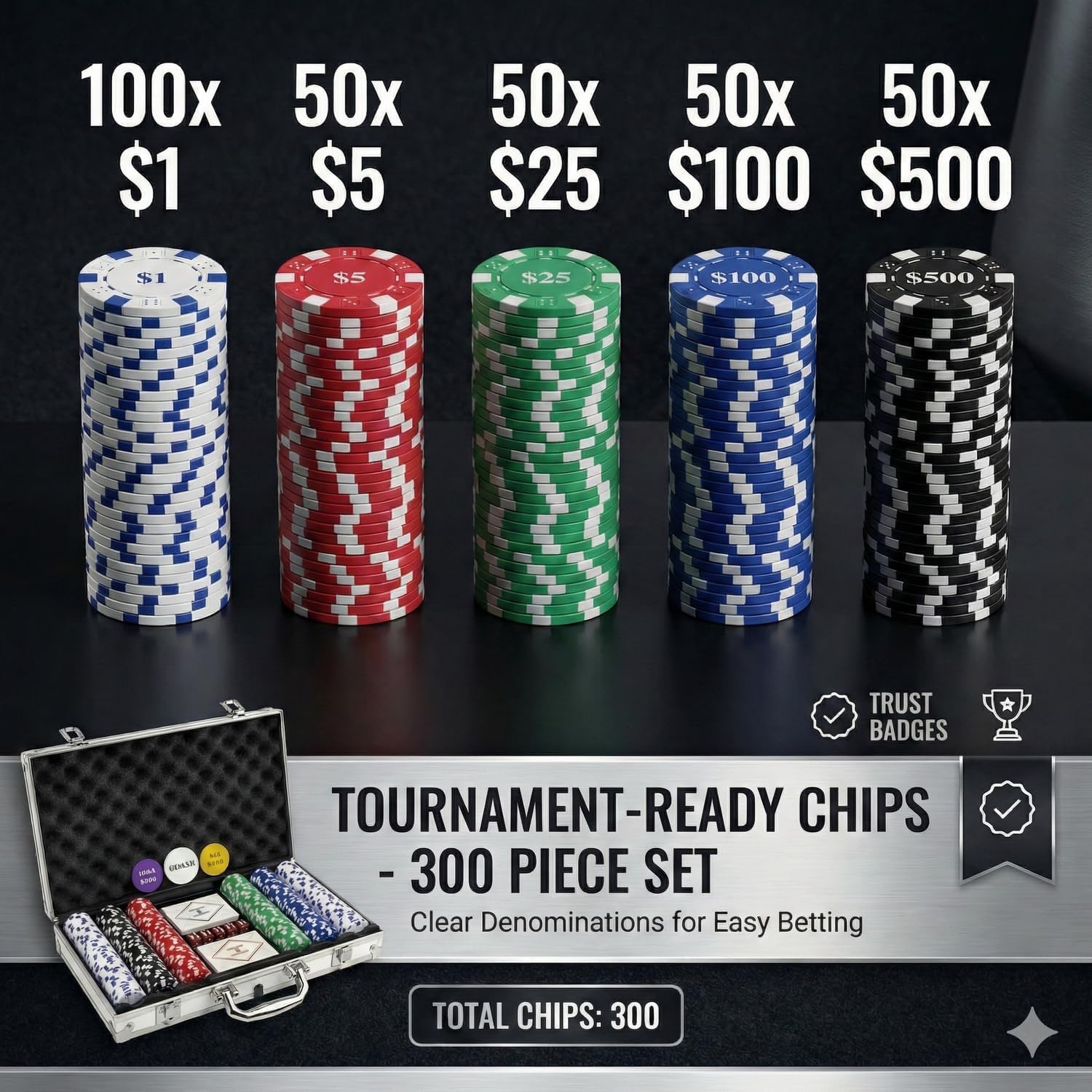 300pc Poker Chip Set 11.5g Iron Core Denominations Texas Holdem | 2-8 players, numbered values 1/5/25/100/500