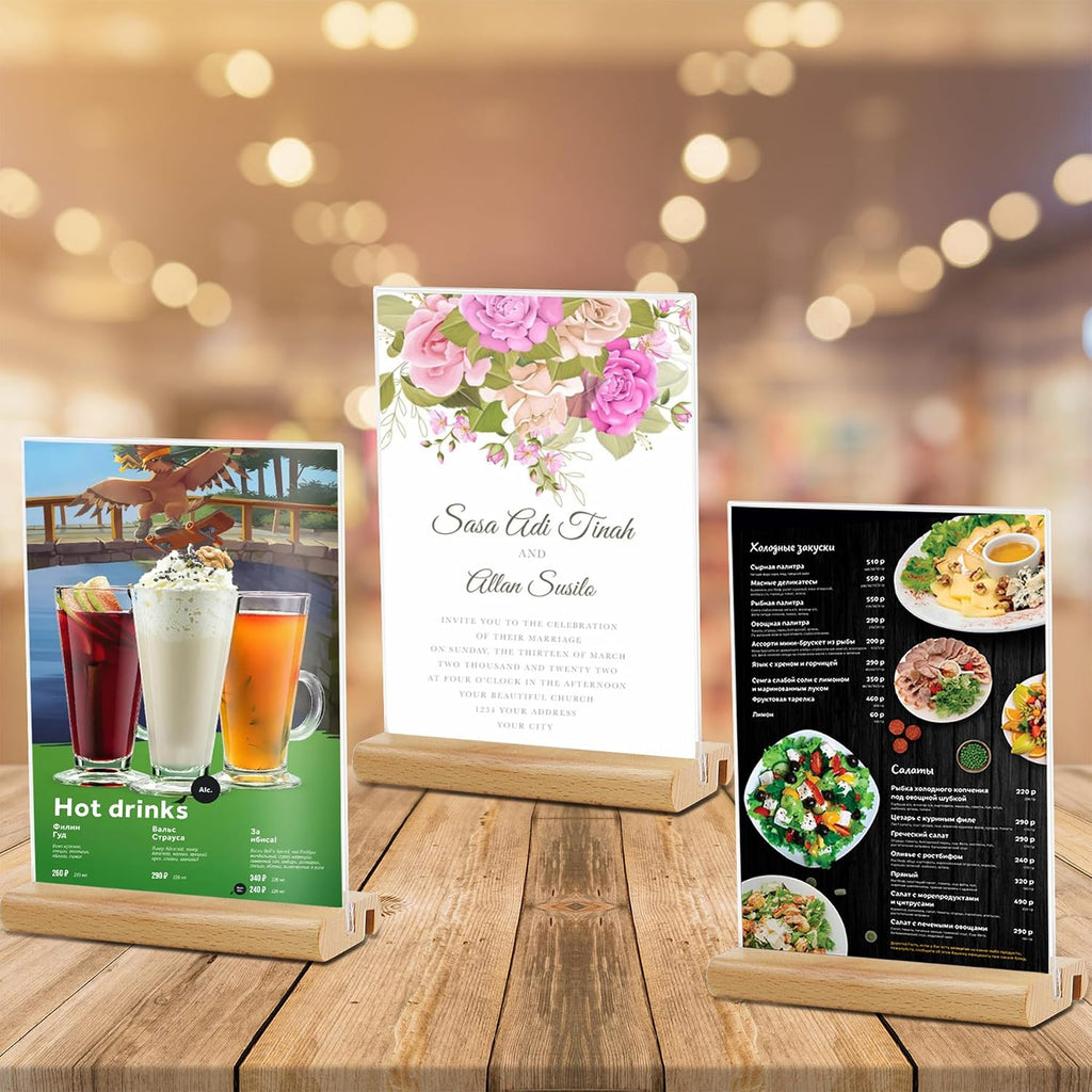 L/T Shape Clear Acrylic Sign Holder with Wood Base | Sign Holder for Office School Restaurant ,Table Menu Display