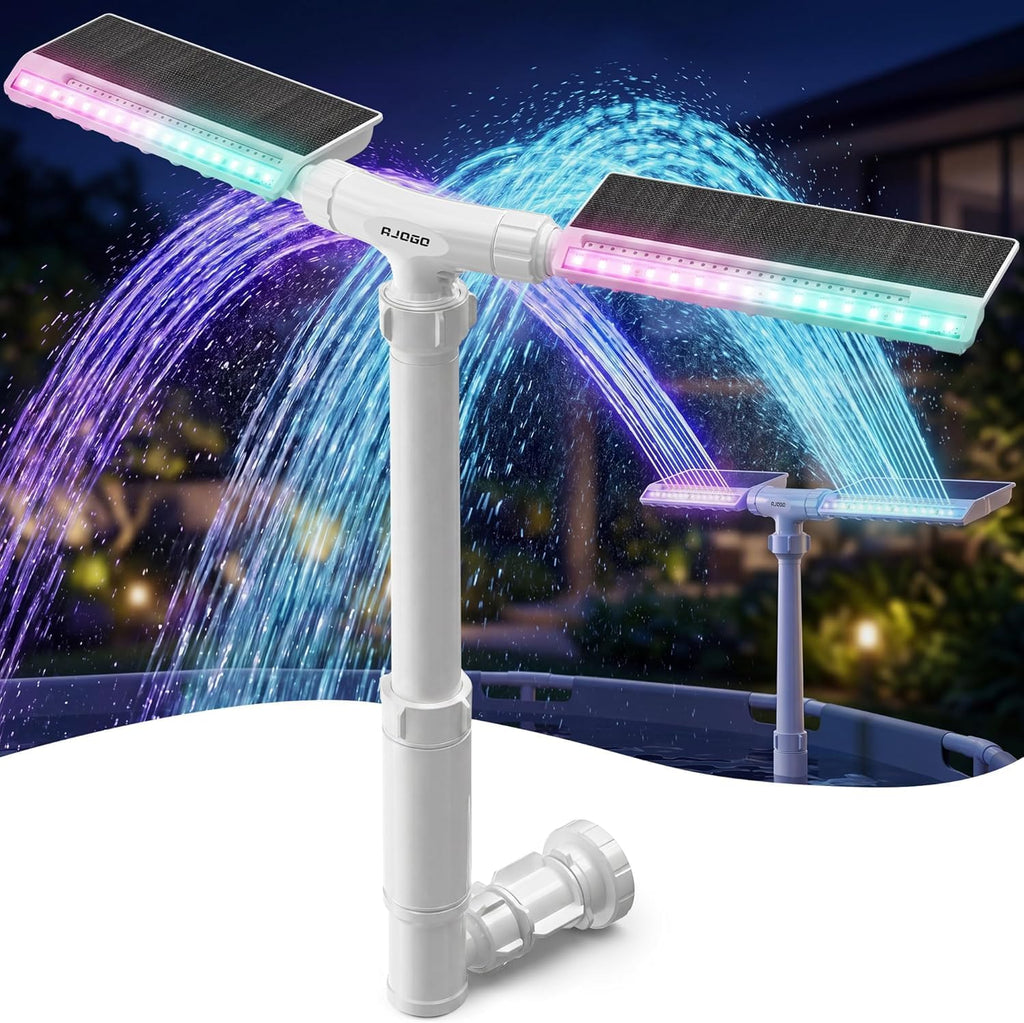 Solar Pool Fountain with Lights, Dual-Head Adjustable Spray & Timer, Remote Control, Auto Dusk Sensor, 10-Color LED