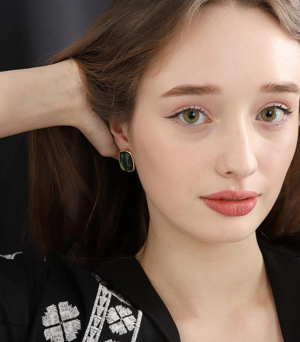 Round Edges Rectangle Shape Studs Earring. Abalone Amber Turquoise Resin Stone Design, 18k Real Gold Plated Bezel
