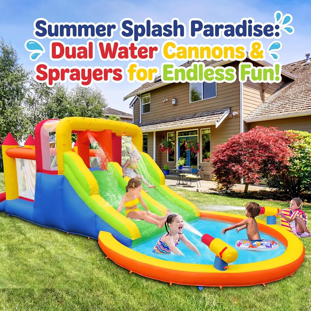 InfIatable Bonuce House with 4 Slides & Large Splash Pool, Water Park with Ultra-Wide Climbing Wall, Jumping, Water