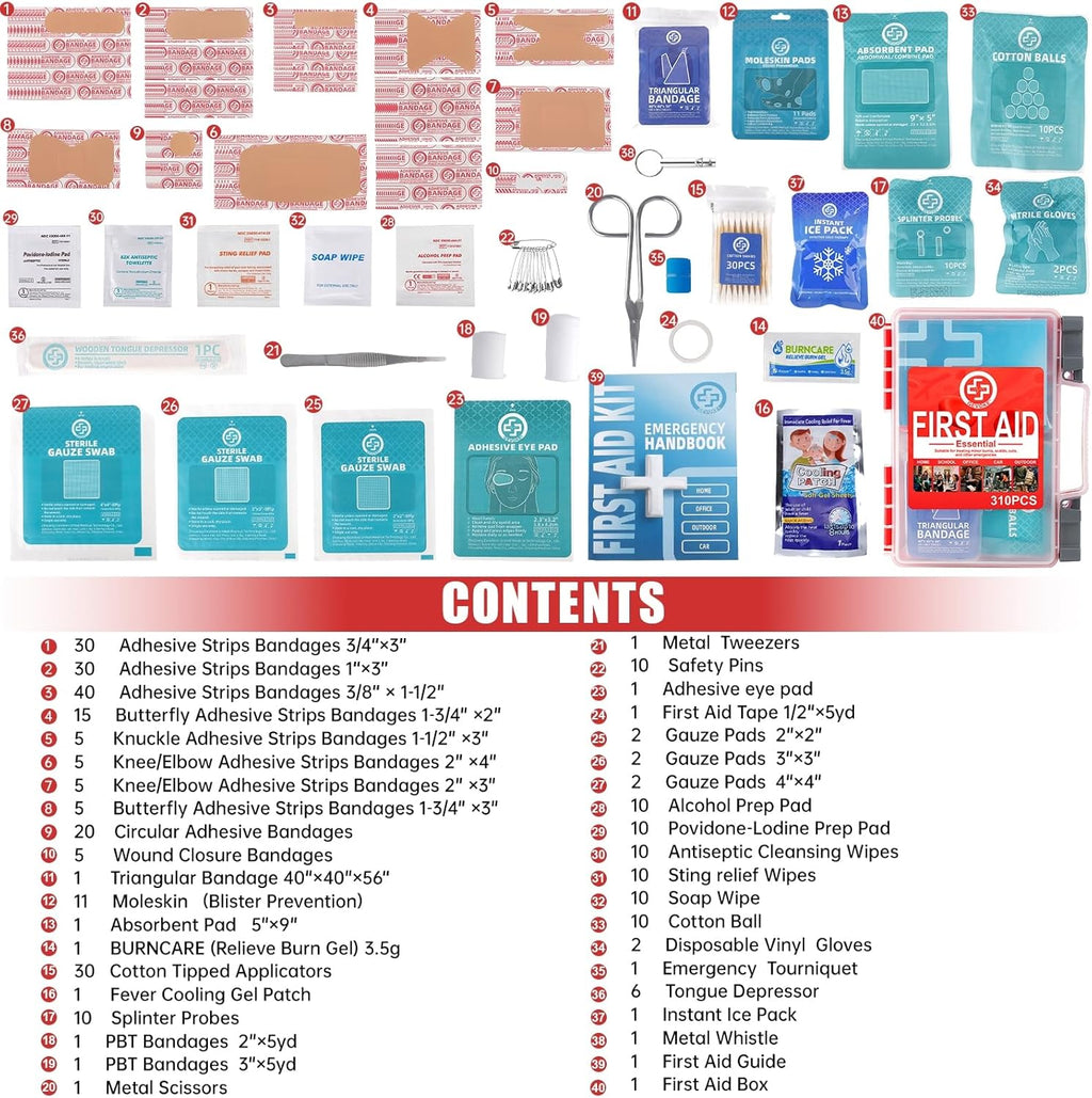 Professional First Aid Kit - 310 Piece HardCase Medical Kit for Home, Car, Camping, Travel, Hiking, Truck, Office