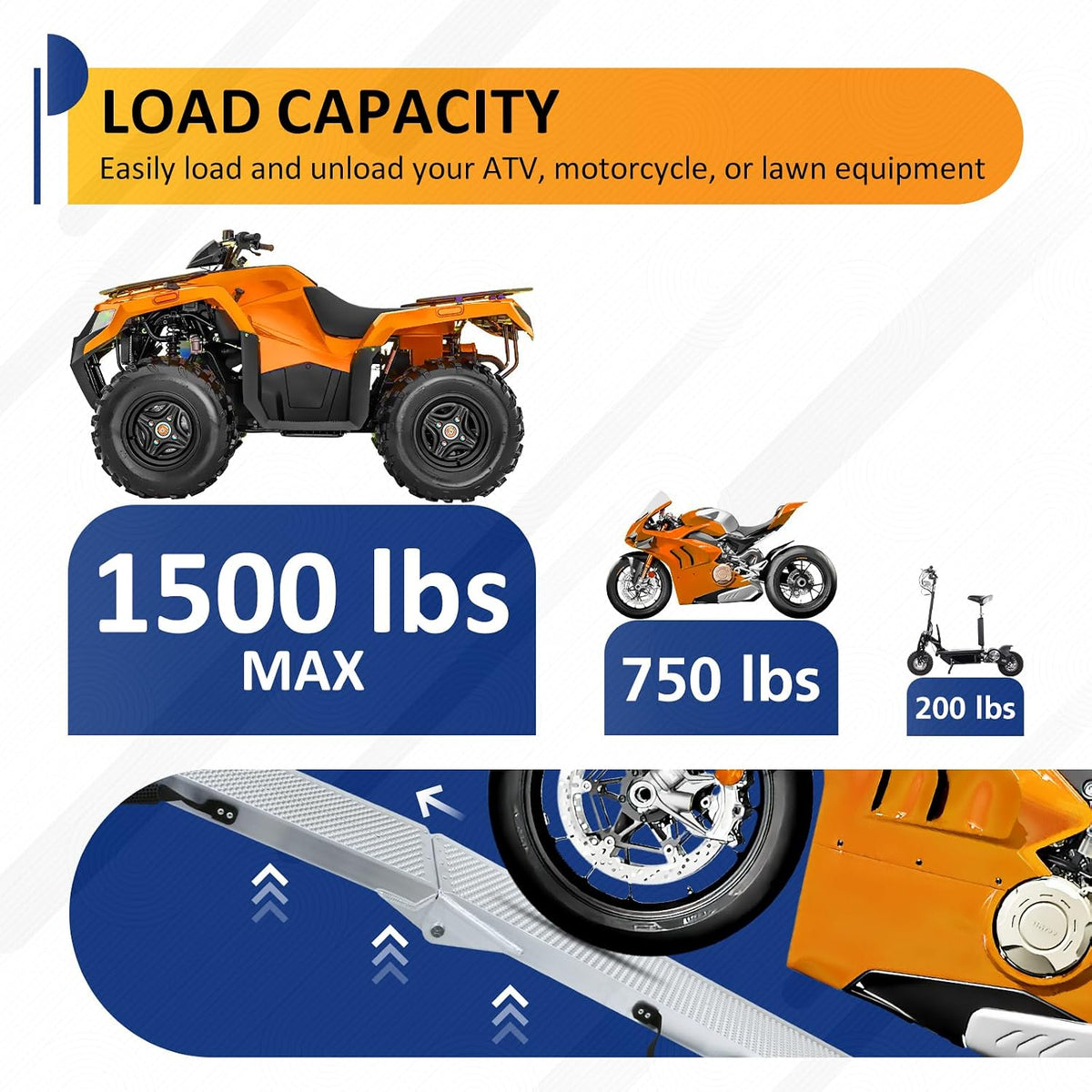 Folding Portable Ramps, 7.5FT Aluminum ATV, Truck, Motorcycle & Trailer Ramps - 1500Lbs Max Load / 2Pcs
