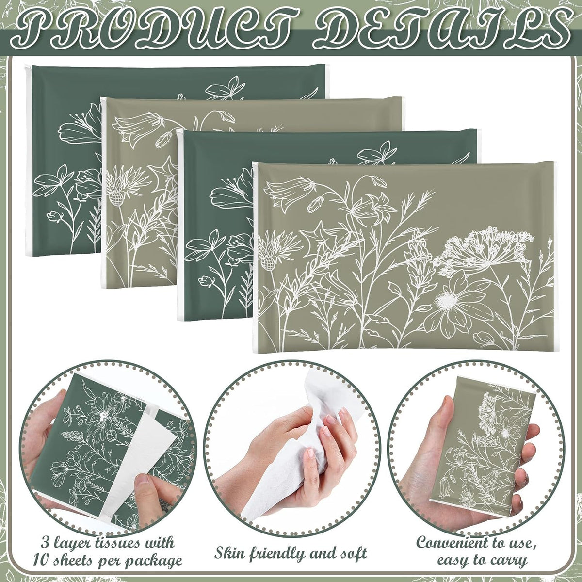 50 Pack Green Floral Pocket Tissues Travel Packs 3 Ply Bulk