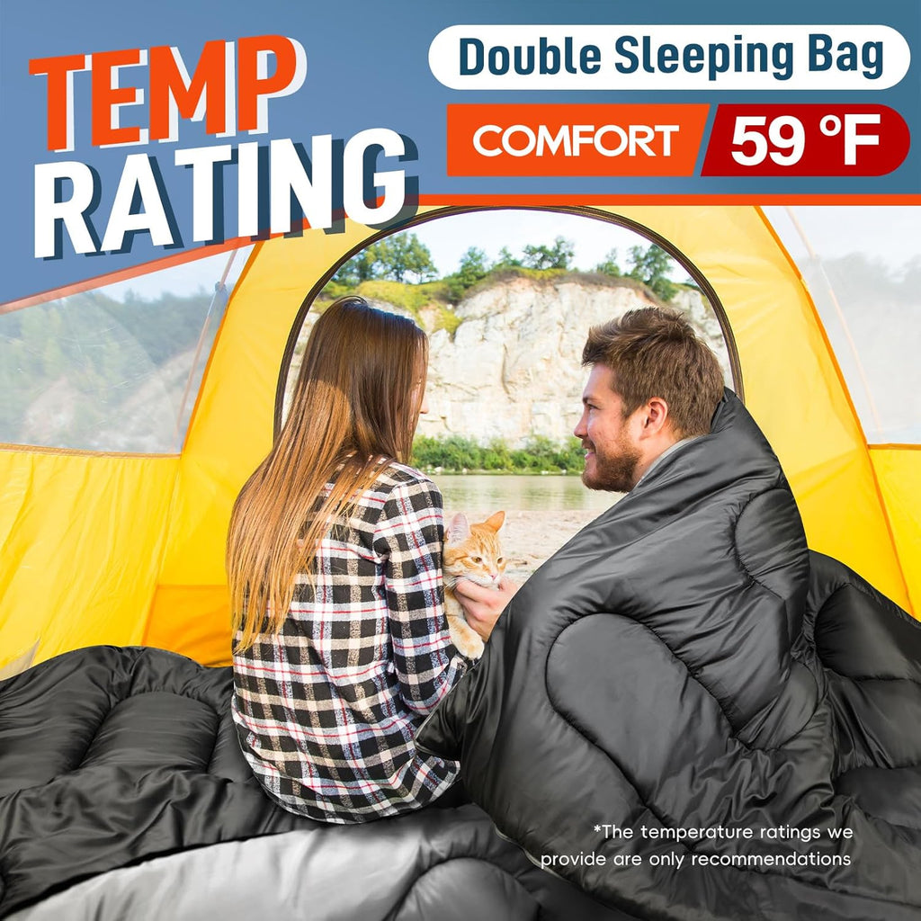Double Sleeping Bag for Adults Mens with Pillow, XL Queen Size Two Person Sleeping Bag for All Season Camping Hiking