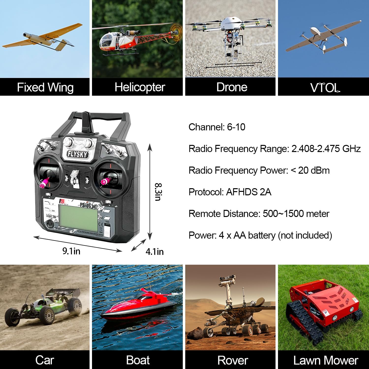 FS-i6X 10 Ch Transmitter, 2.4GHz RC Controller with FS-iA6B Receiver for Drone Multirotor Airplane Helicopter Car