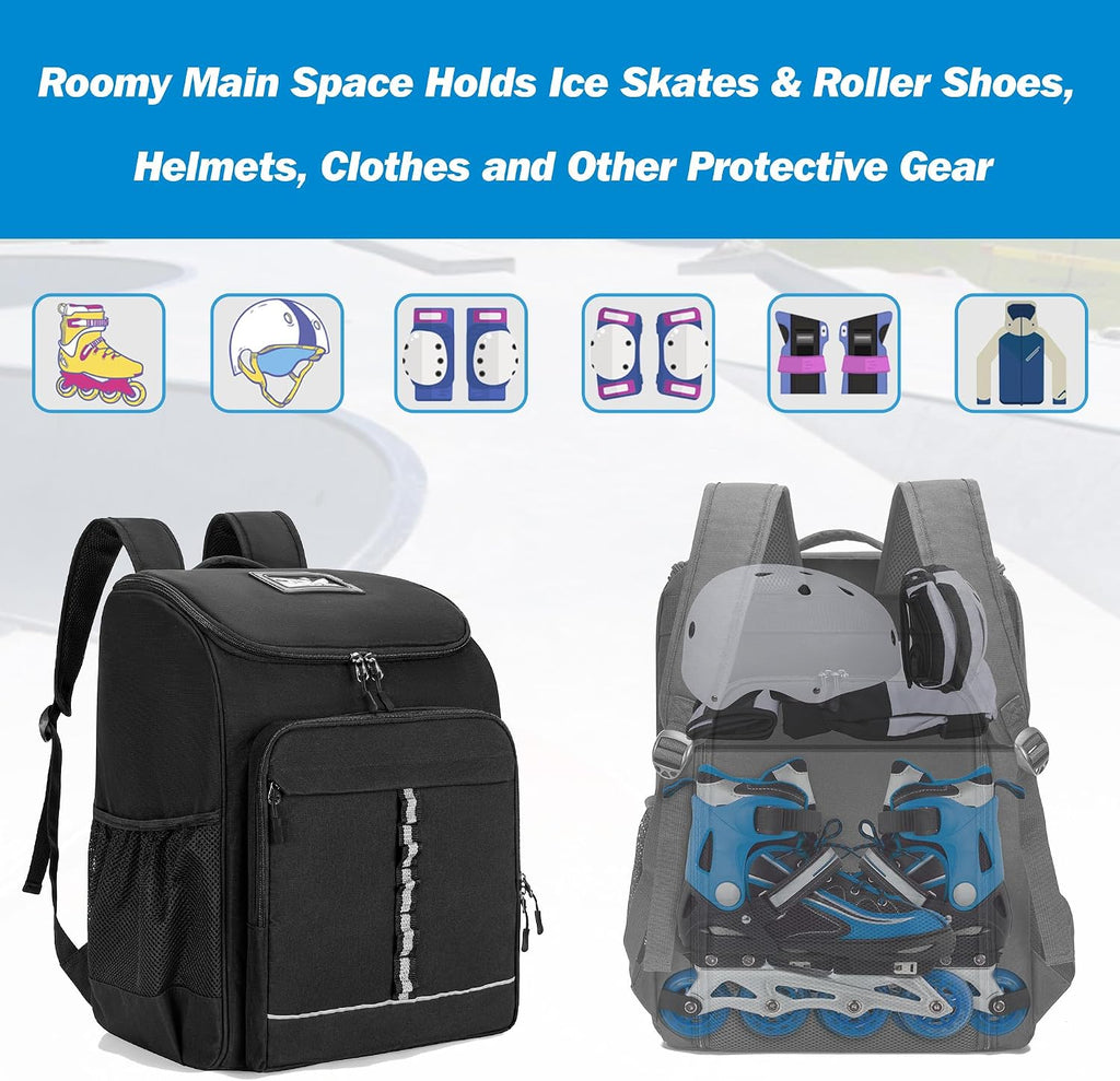 Roller Skate Bag Fits Shoes Up to US Mens 13, Inline Skate Backpack | Ice Skate Backpack with Top Helmet Pocket, Quad