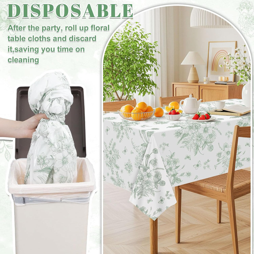 3 Pack Sage Green Floral Plastic Tablecloths, Tea Party Tablecloth