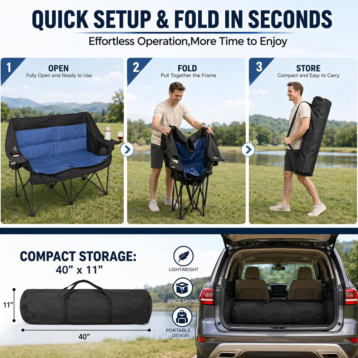 Double Camping Chairs for Adults Folding Loveseat, Heavy Duty Oversized 2 Person Camping Couch Outdoor Portable