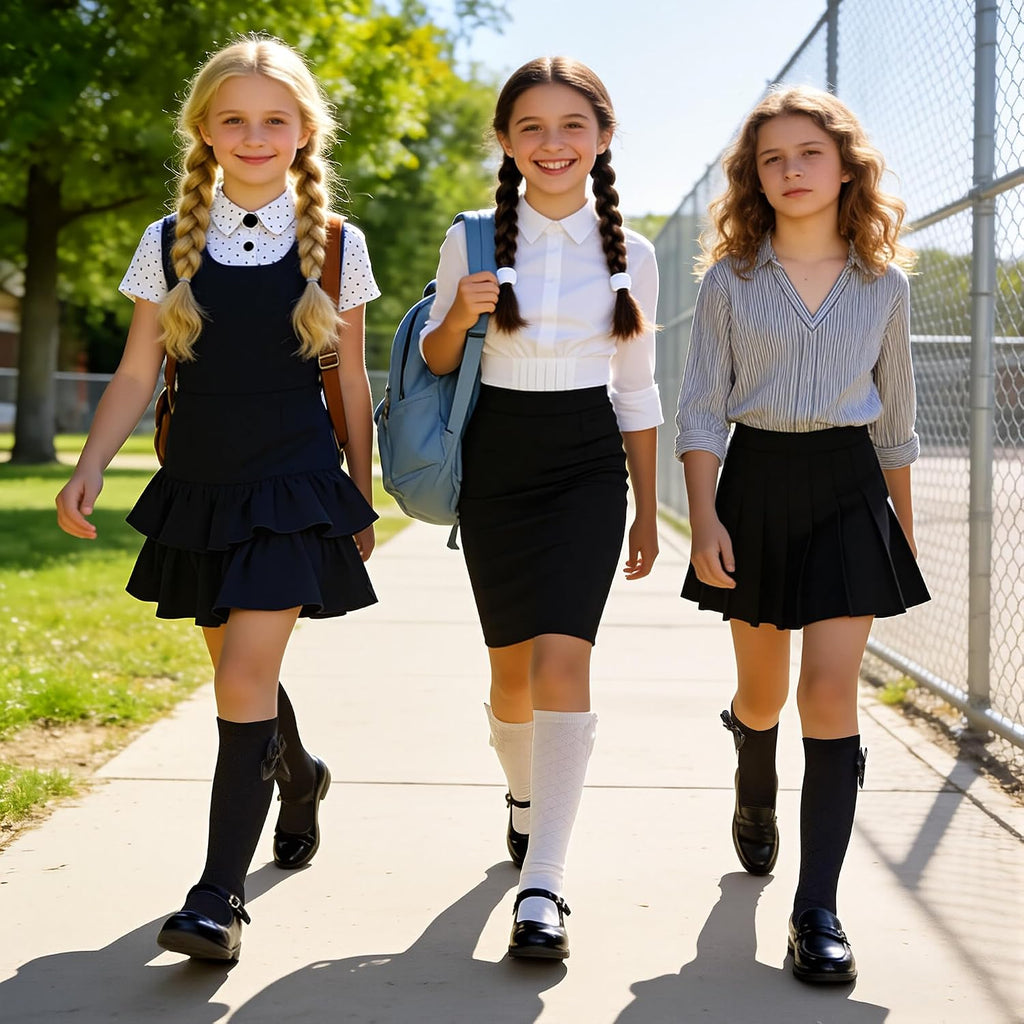 3 Pairs Girls Cotton Knee High Bow Socks, School Socks Ages 4-12 | Lovely side bow decoration,classic white, black