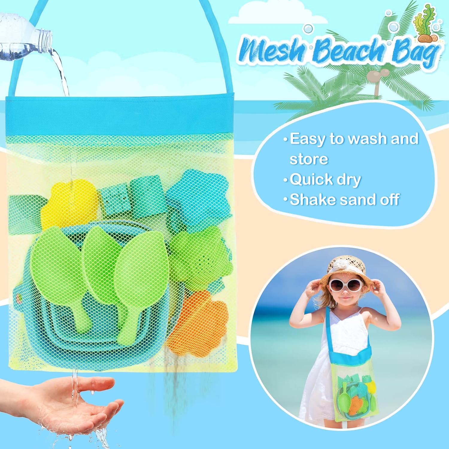 Beach Toys with 3 Collapsible Buckets, Mesh Bag for Kids Ages 3-12 | Sand Castle Building Kit and Sand Molds for