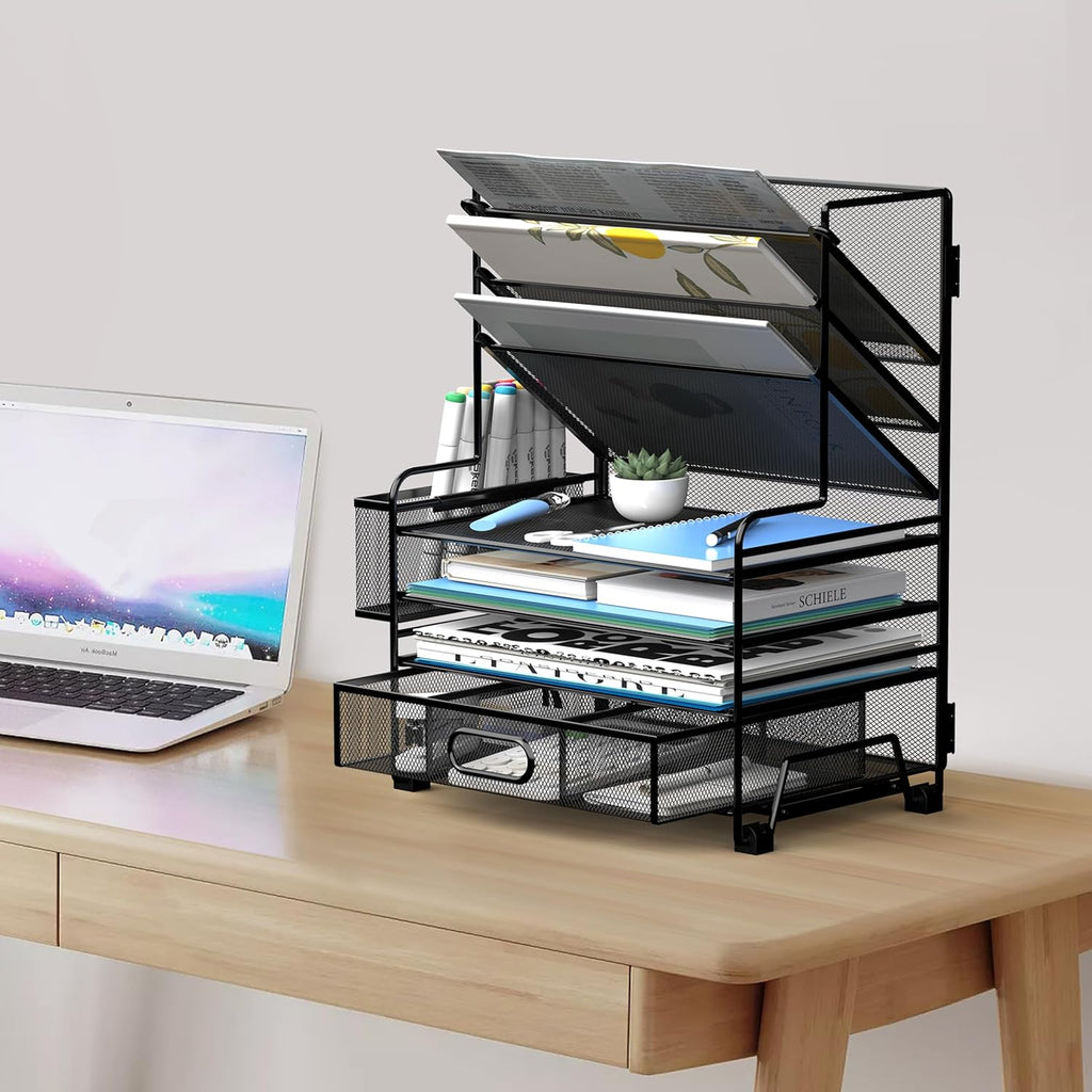 4-Tier Paper Organizer + 3-Pocket File Holder + Drawer + Pen Holders, Desktop File Organizers Paper Tray for Office